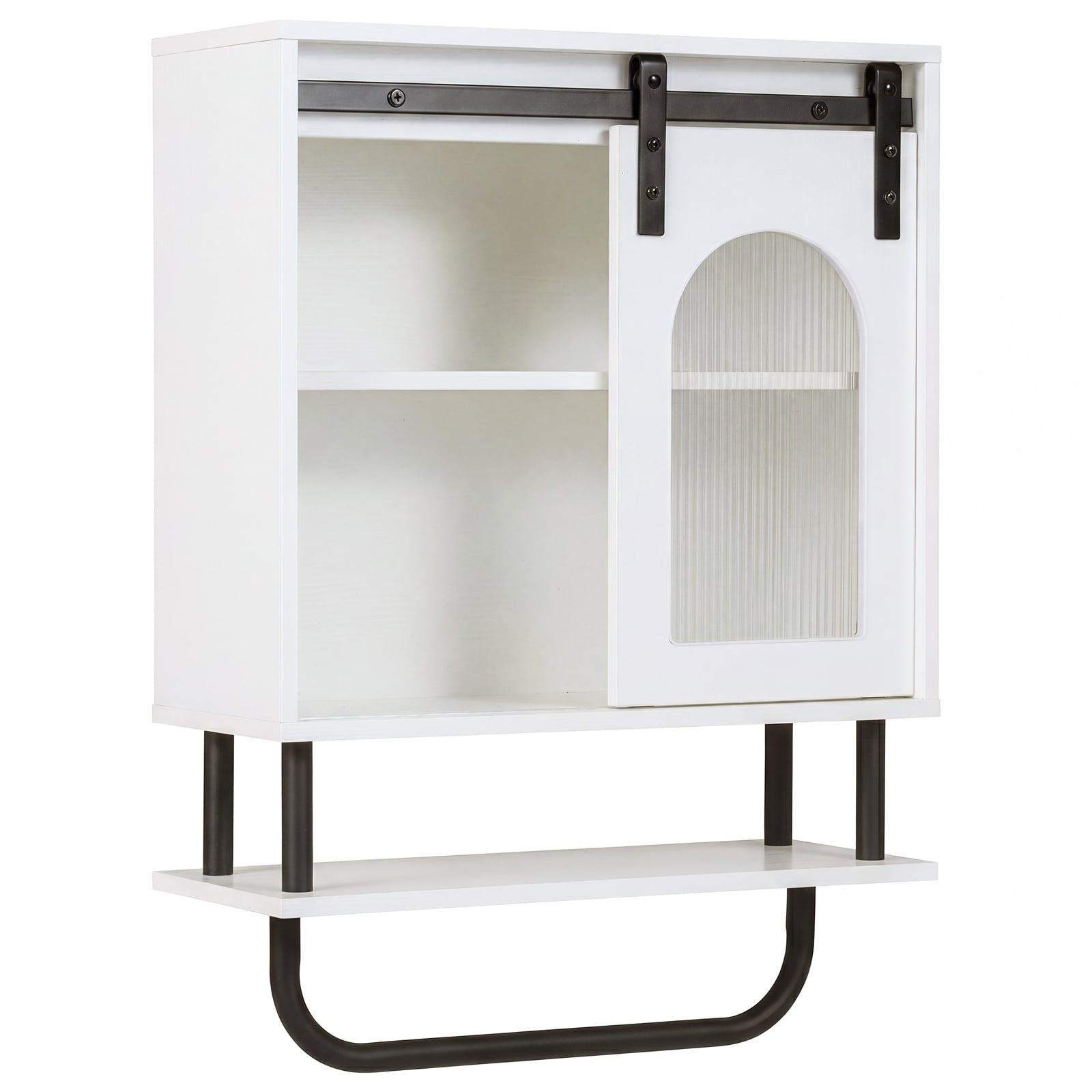 Bathroom Wall Cabinet with Sliding Barn Door and Metal Hanging Bar-White - Savings Store