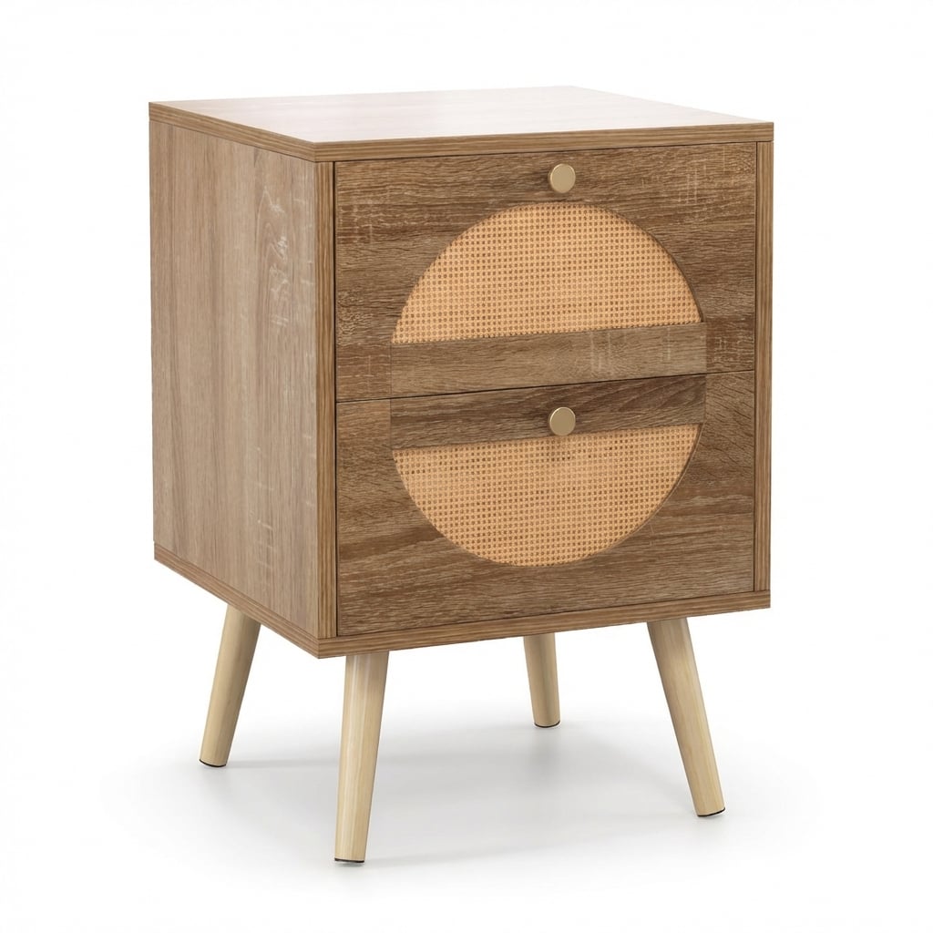 Bohemian Style Rattan Bedside Table End Side Table with 2 Drawers-Oak - Savings Store