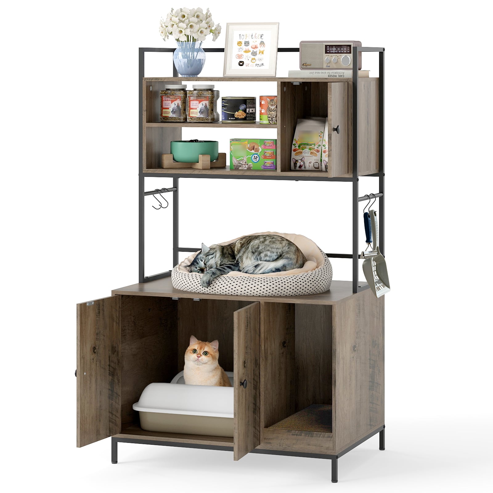 Cat Litter Box Enclosure with Shelves & Metal Frame-Grey - Savings Store