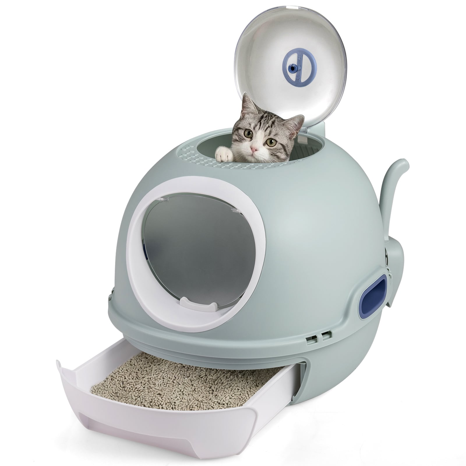 Enclosed Cat Litter Box Helicopter Style with Lid & Dual Entry-Blue - Savings Store