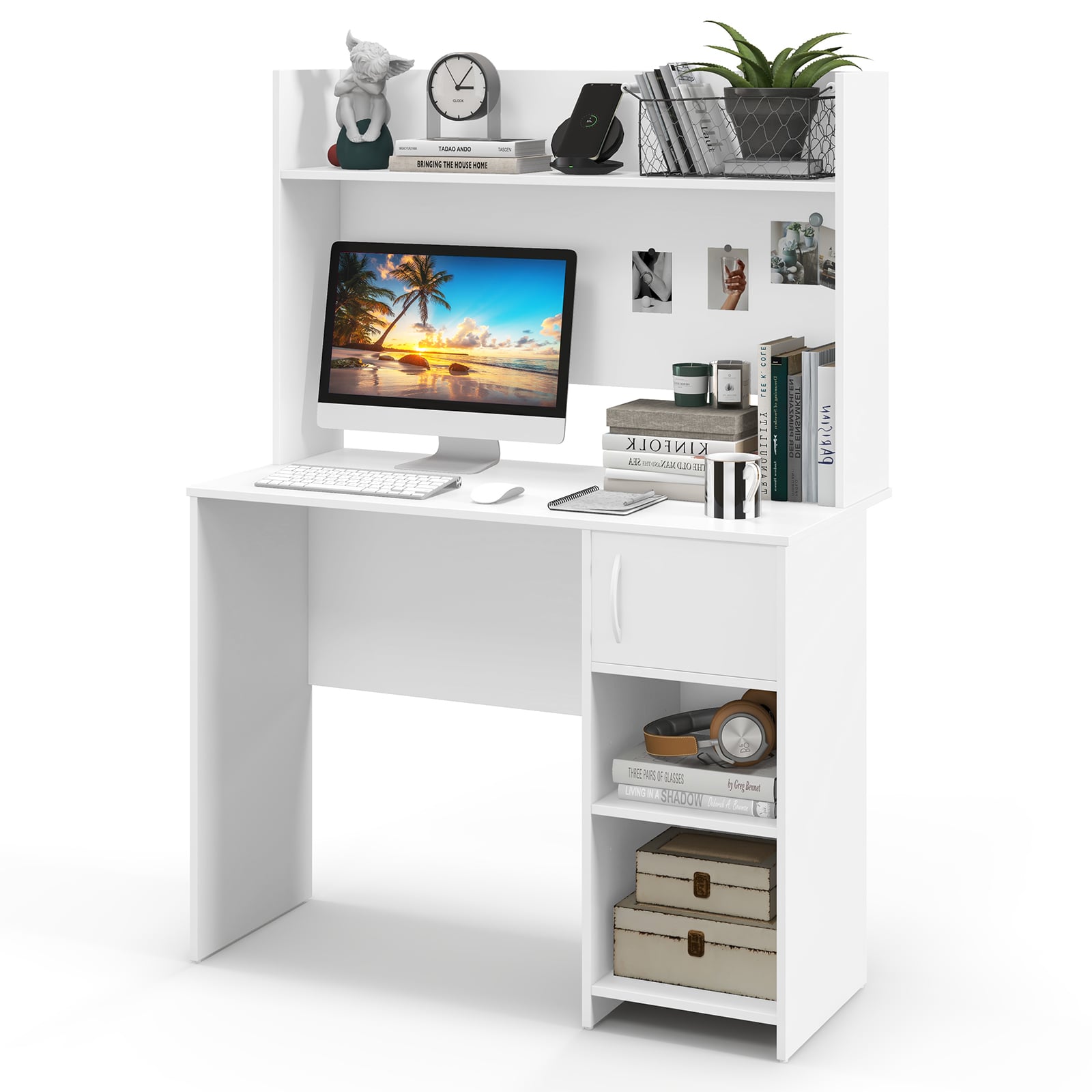 Computer Desk with Hutch and 2 Open Shelves for Home Office-White - Savings Store