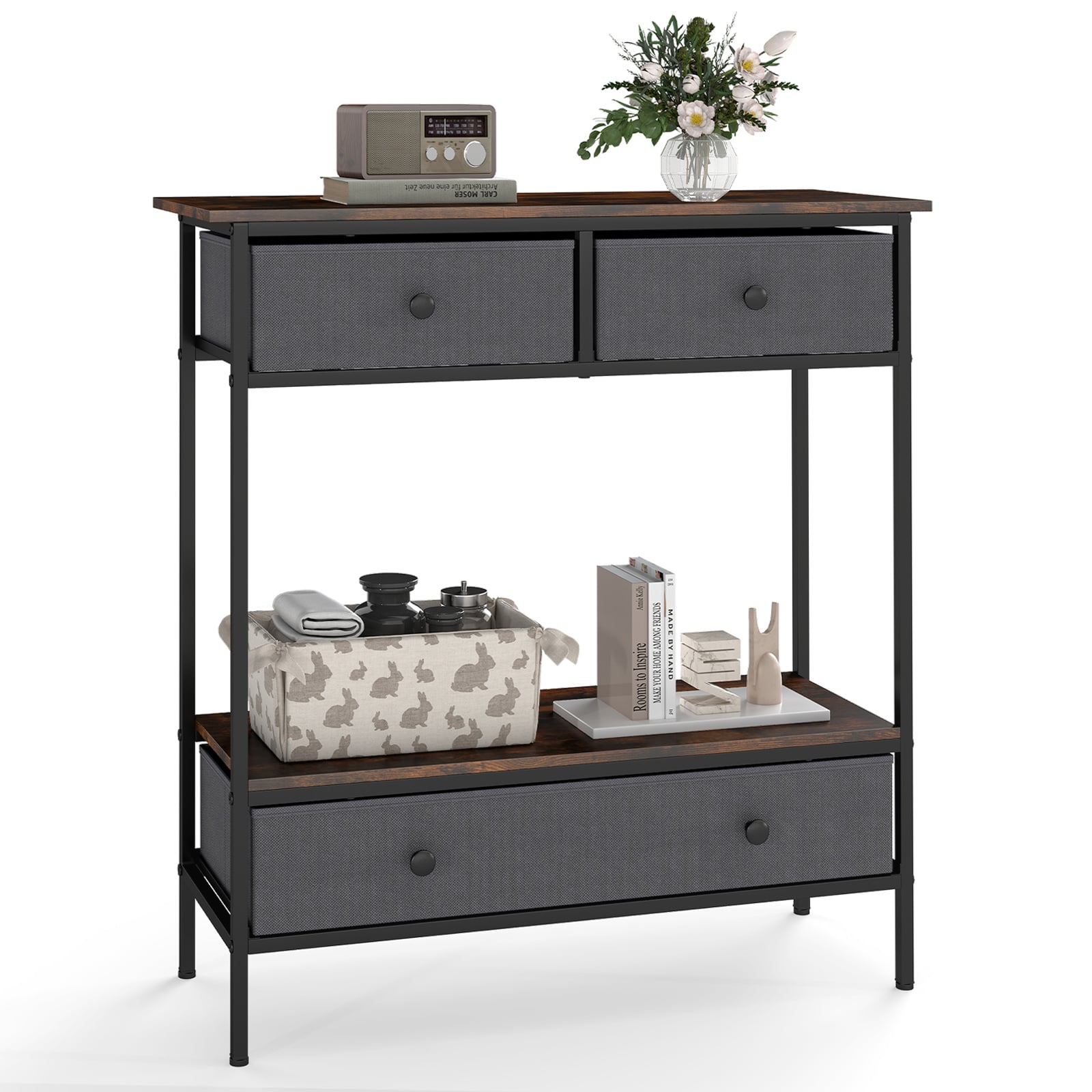 Console Table Industrial Entryway Table with 3 Fabric Drawers-Rustic Brown - Savings Store