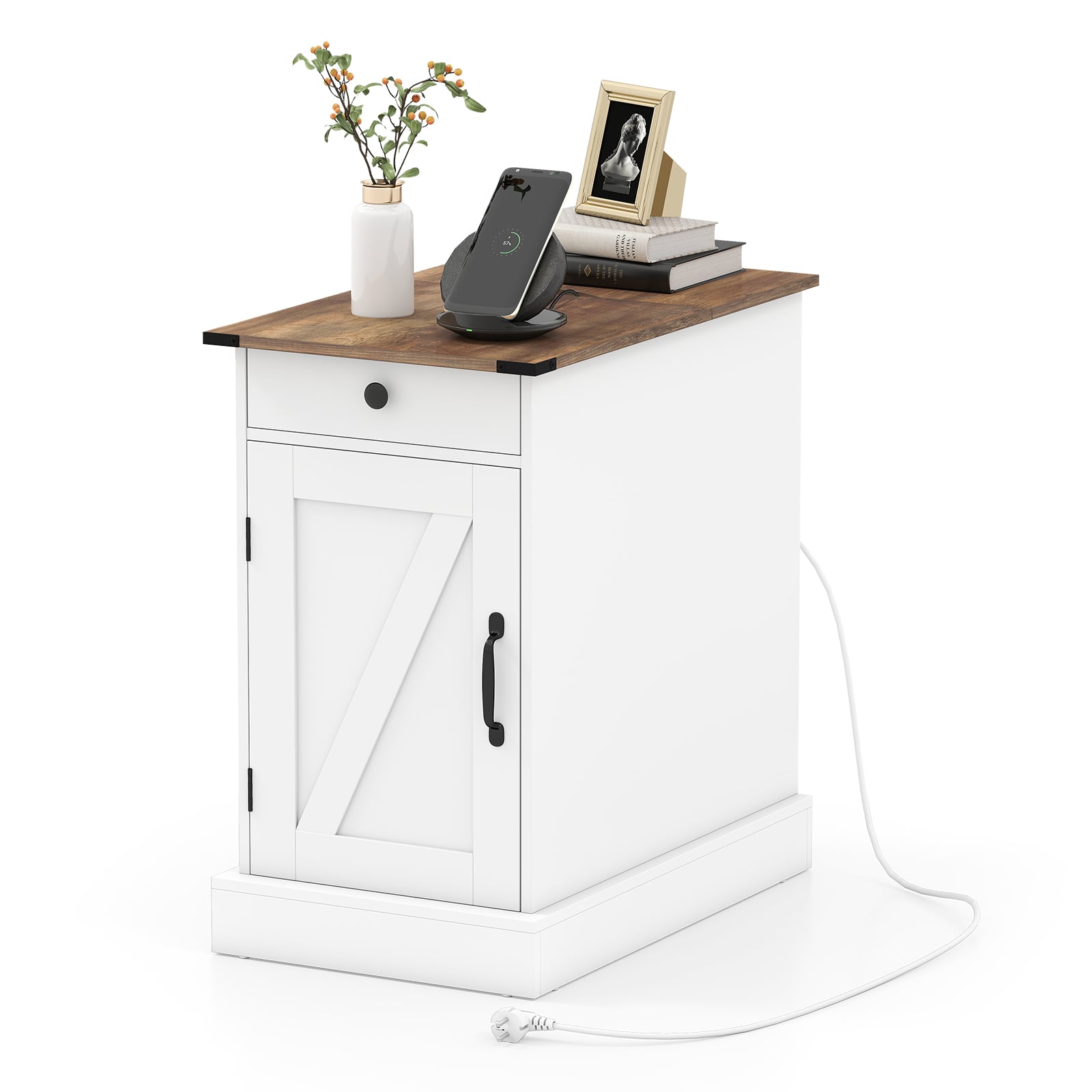 JVARO Bedside Table with Charging Station & Drawer-White - Savings Store