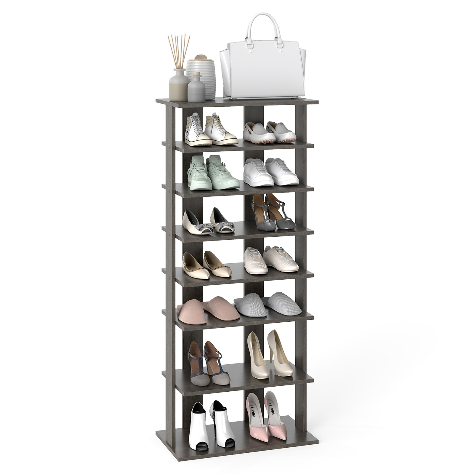 7-Shelf Wooden Vertical Double Shoe Rack Storage Organizer - Grey - Savings Store