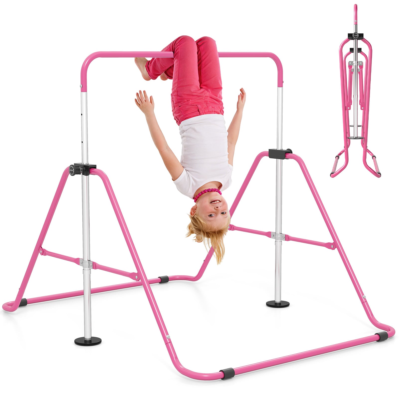 ILYON Folding Kids Gymnastics Bar Height Adjustable-Pink - Savings Store