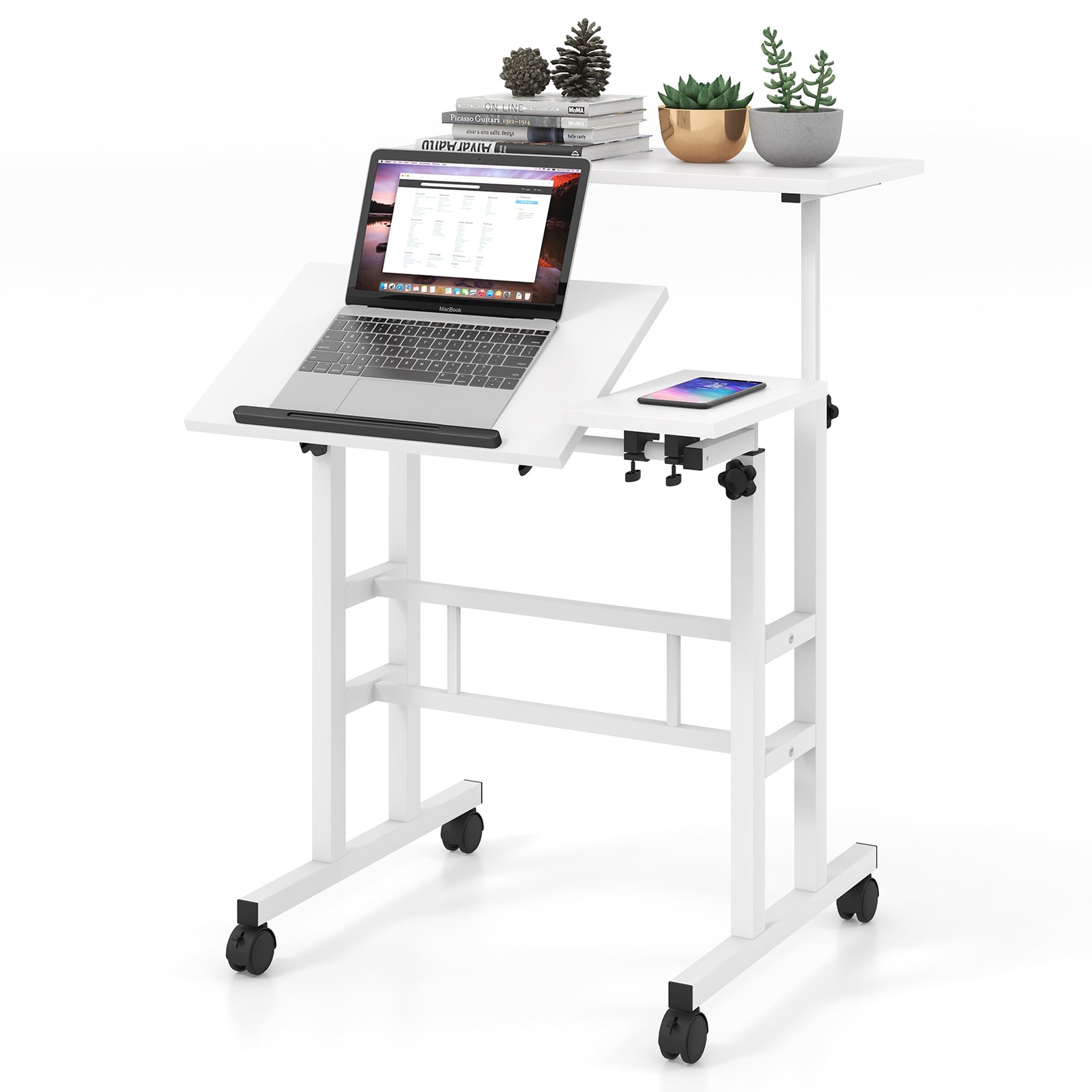 Height Adjustable Workstation with Wheels for Standing or Sitting-White - Savings Store