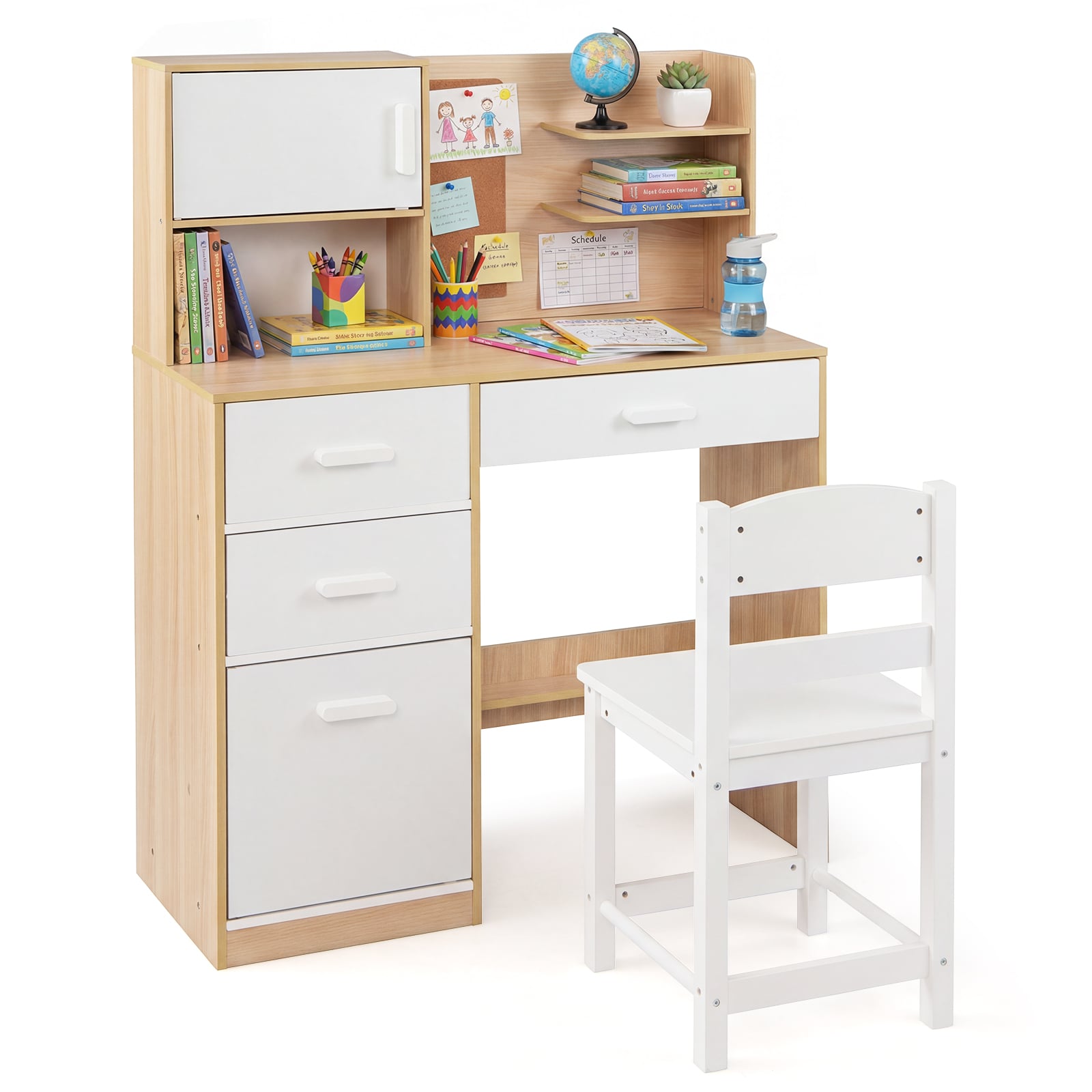 JOREX Kids Desk and Chair Set Study Table with Hutch Bulletin Board 3 Drawers-Natural