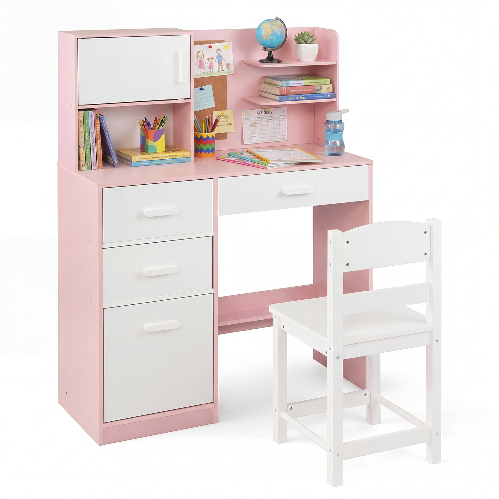 JOREX Kids Desk and Chair Set Study Table with Hutch Bulletin Board 3 Drawers-Pink