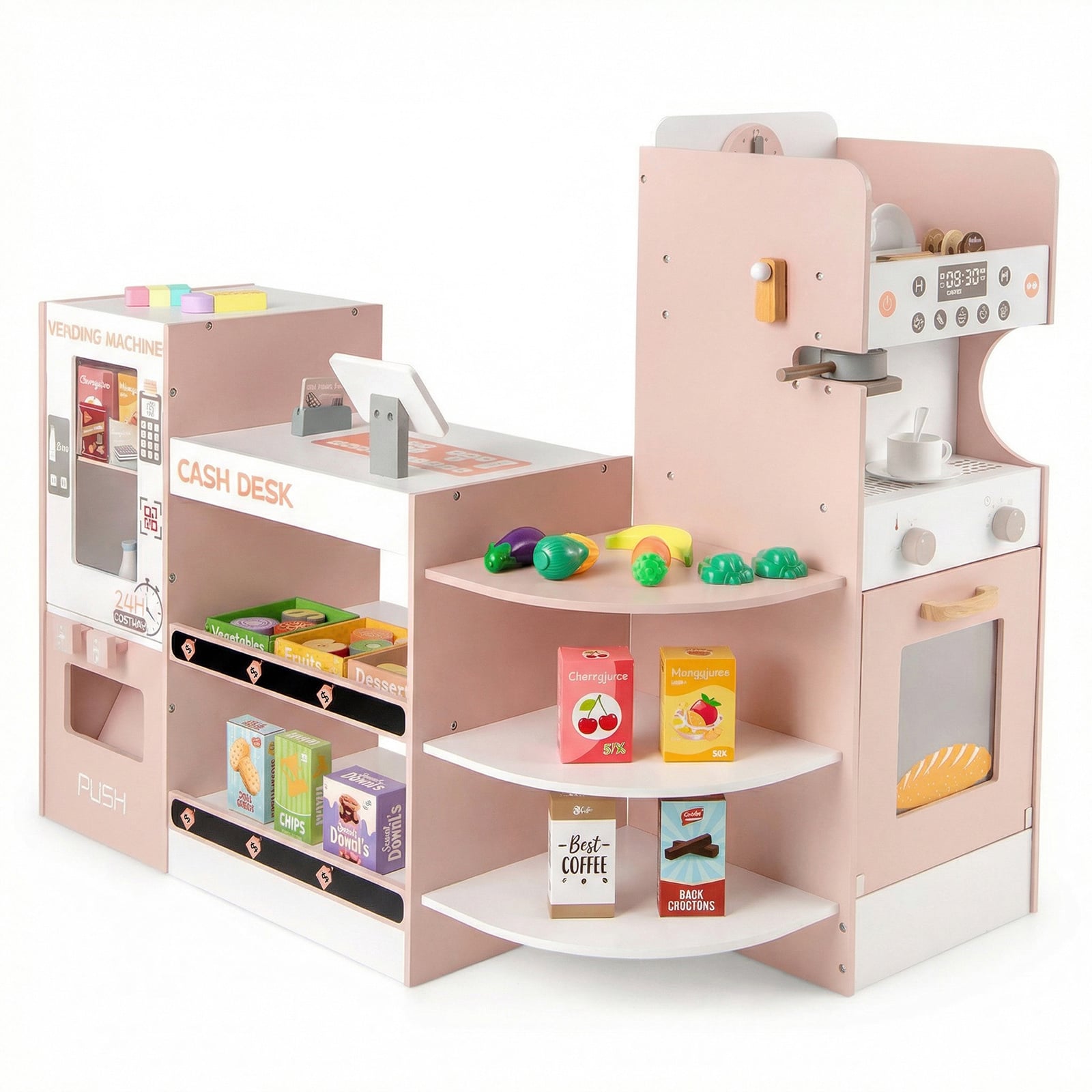 Kids Grocery Store Playset Wooden Pretend Play Supermarket-Pink - Savings Store