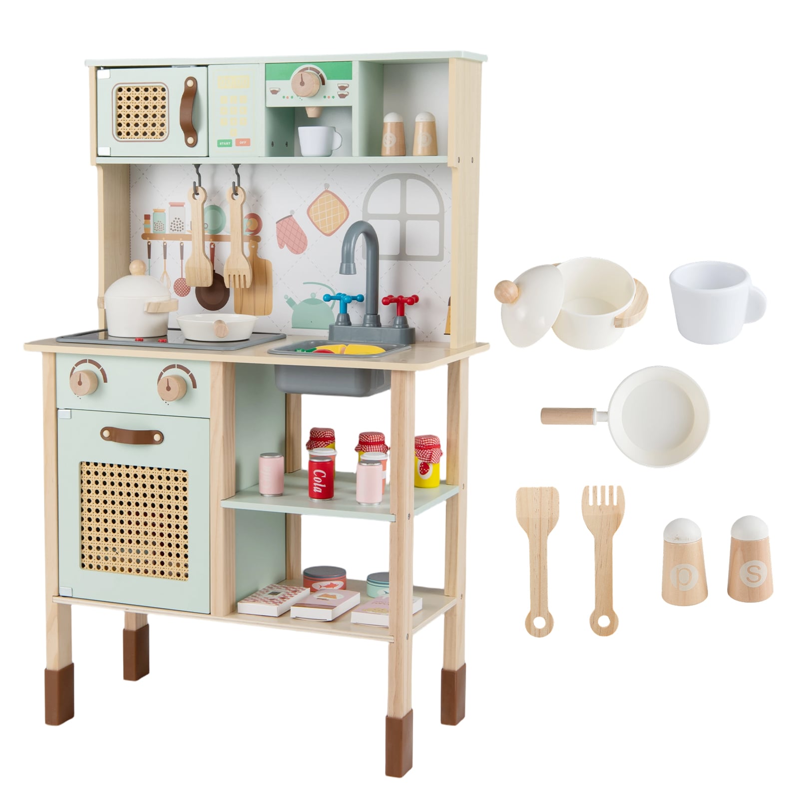 Kids Wooden Play Kitchen with Rattan Doors-Green - Savings Store
