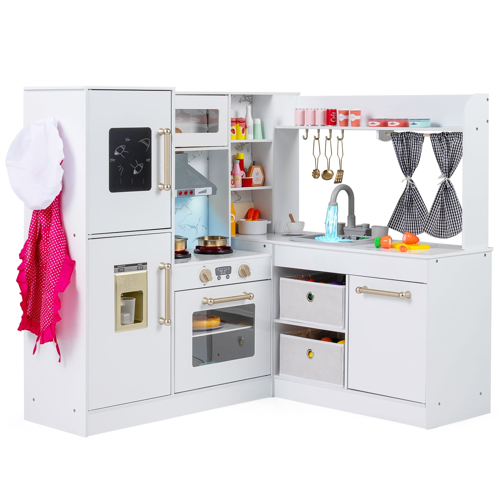Kids Wooden Corner Play Kitchen with Lighted Range Hood and Stoves-White - Savings Store