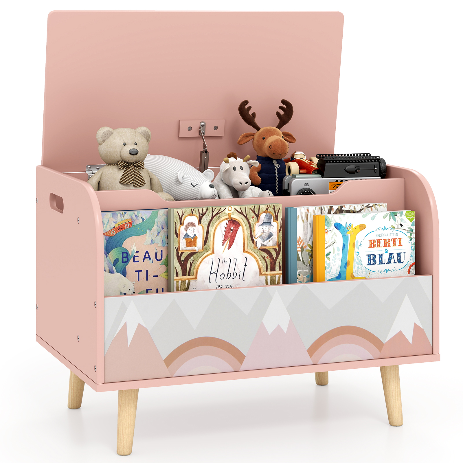 TIVENA Kids Wooden Toy Box with Front Bookshelf 4 Solid Wood Legs-Pink