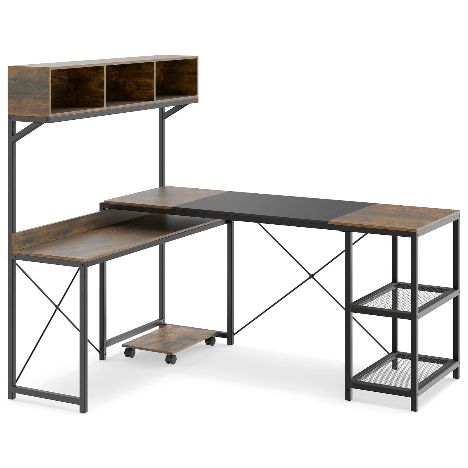 L-Shaped Desk with Storage Hutch for Home Office-Rustic Brown - Savings Store
