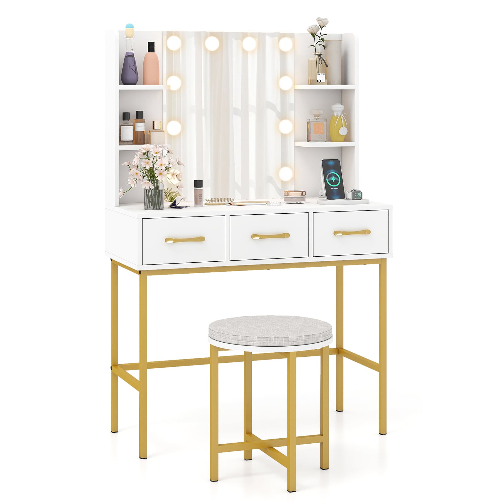 ZELIX Makeup Dressing Table and Cushioned Stool Set with Power Outlets-White - Savings Store