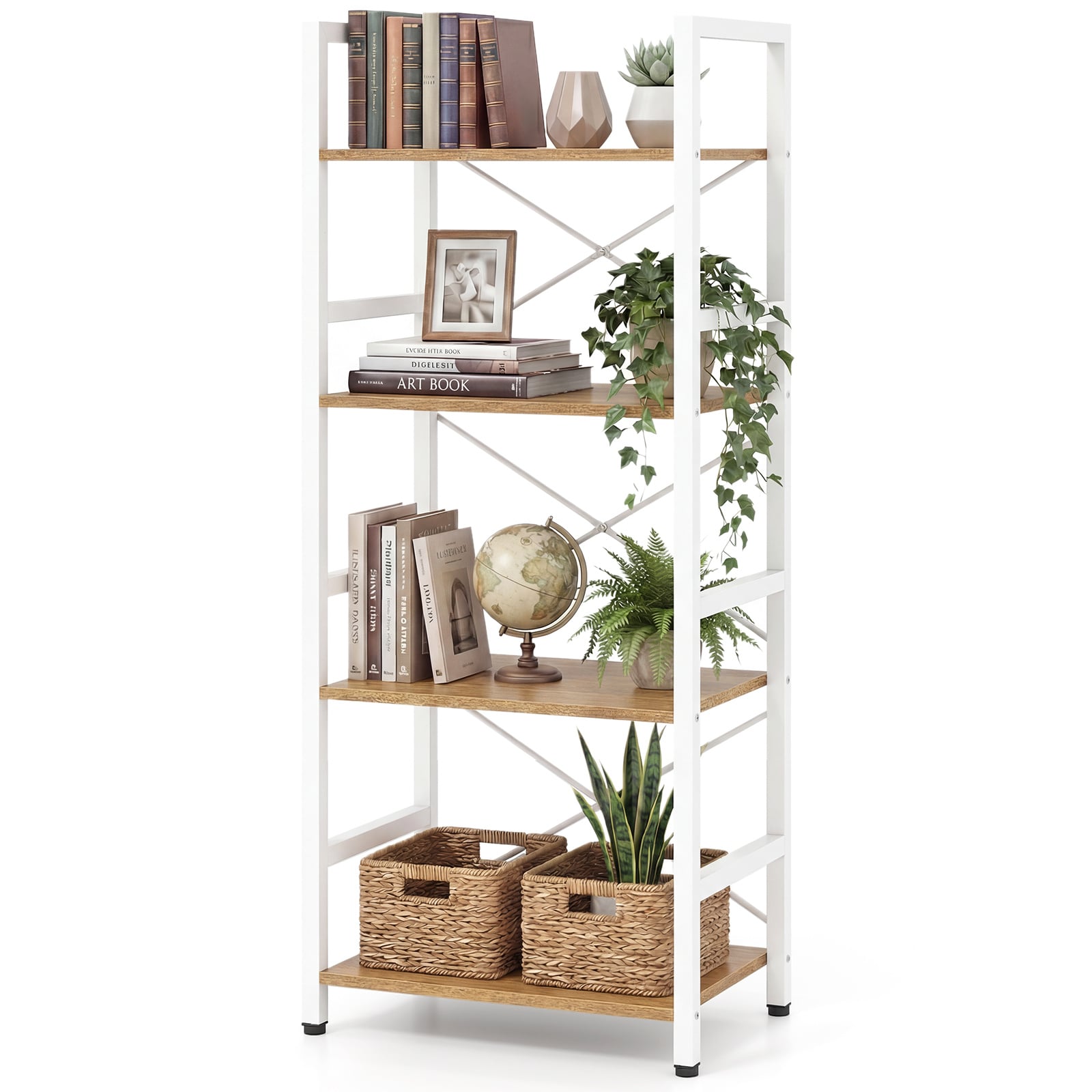 Narrow 4-Tier Bookcase with Metal Frame-Natural - Savings Store