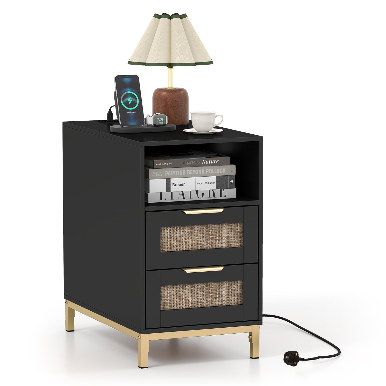 JYNOR Narrow End Table with Charging Station and 2 Drawers for Bedroom-Black - Savings Store