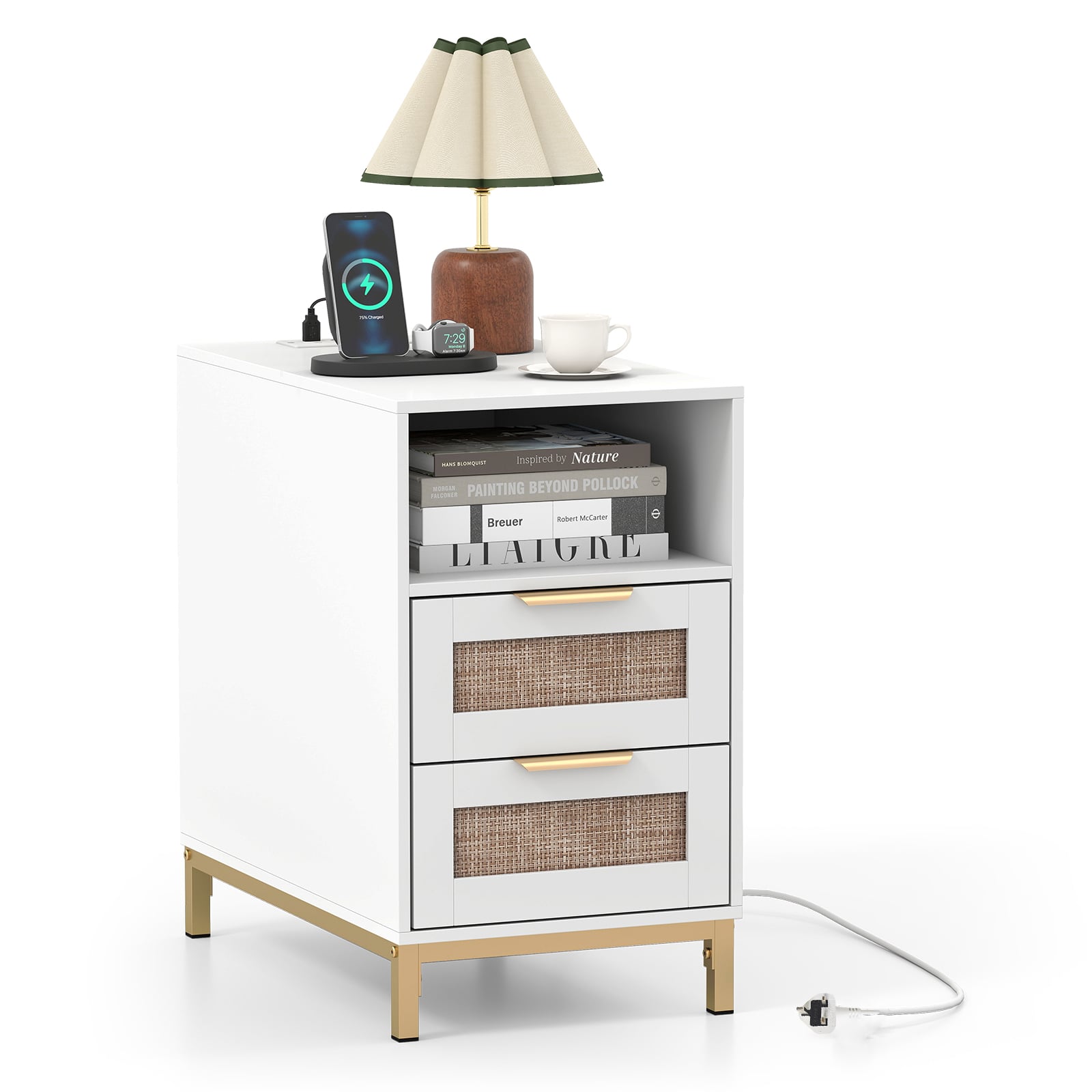 JYNOR Narrow End Table with Charging Station and 2 Drawers for Bedroom-White - Savings Store