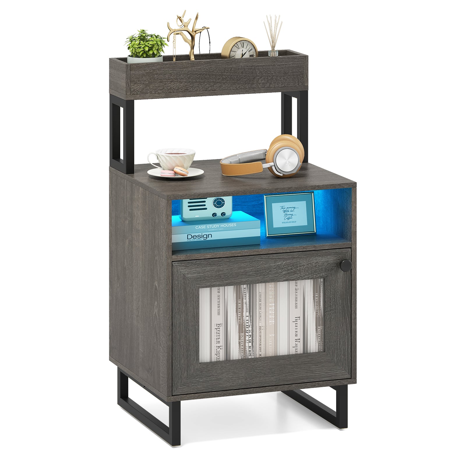 HAVORI Bedside Table with LED Lights Modern End Table with Top Tray-Grey - Savings Store