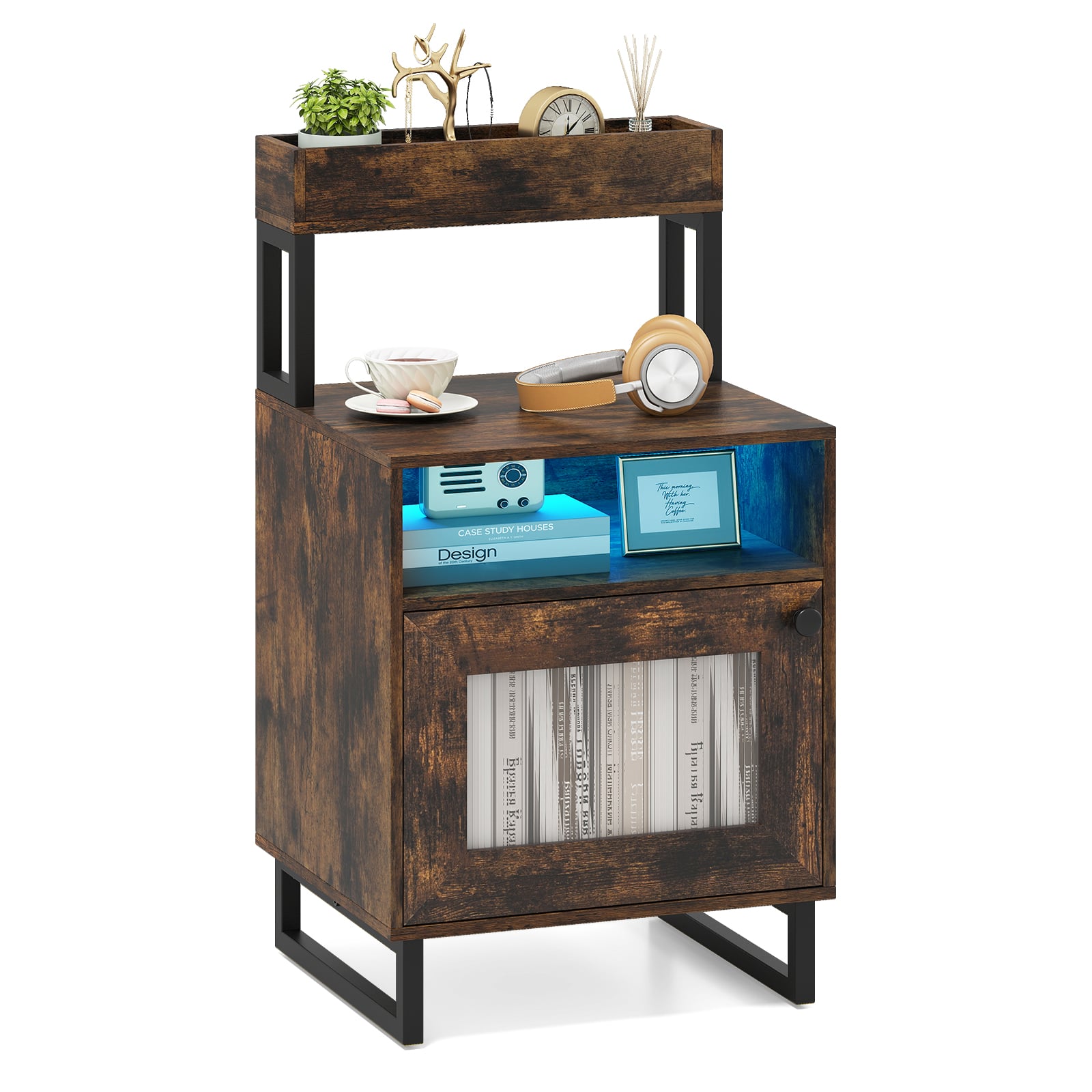 HAVORI Bedside Table with LED Lights Modern End Table with Top Tray-Rustic Brown - Savings Store