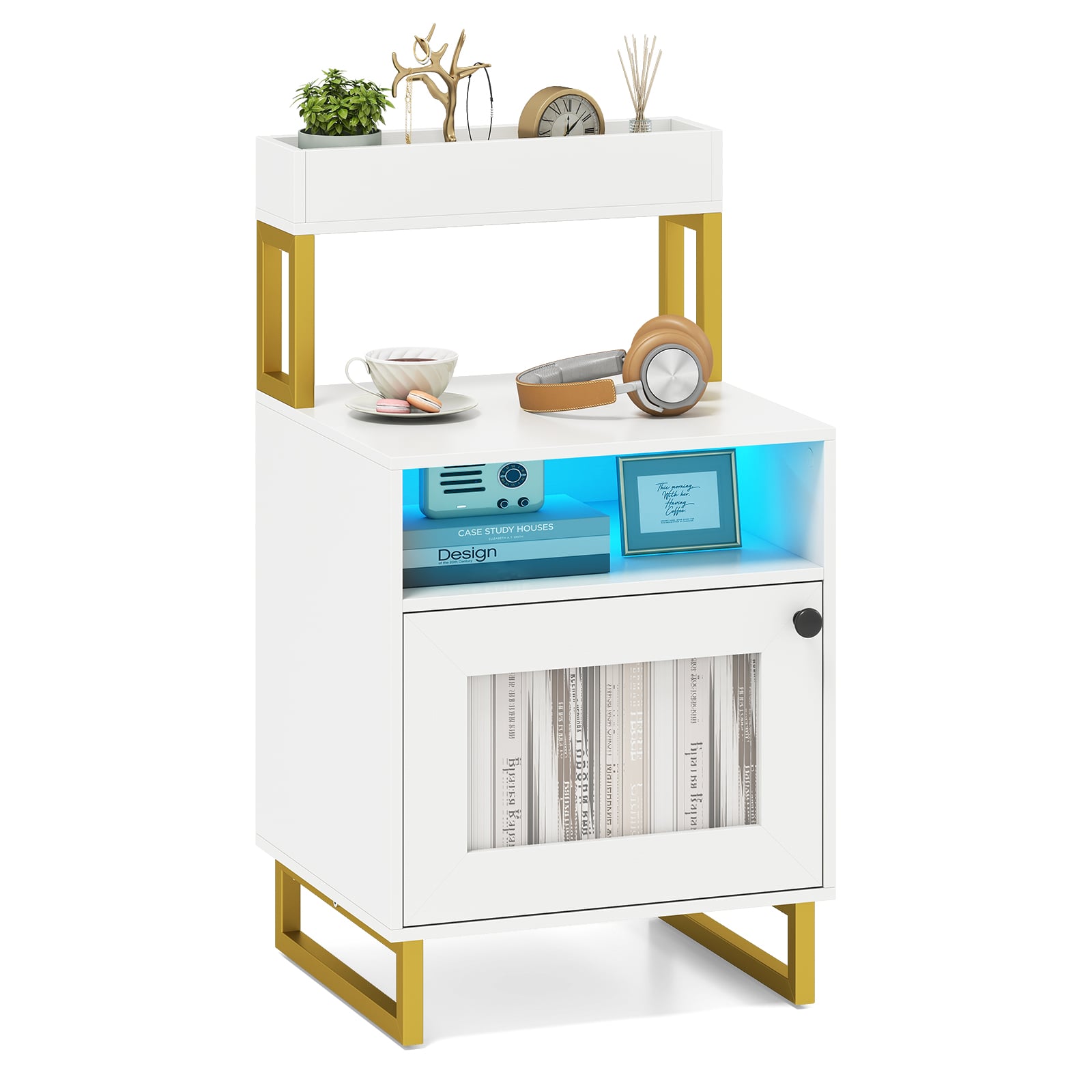 HAVORI Bedside Table with LED Lights Modern End Table with Top Tray-White - Savings Store