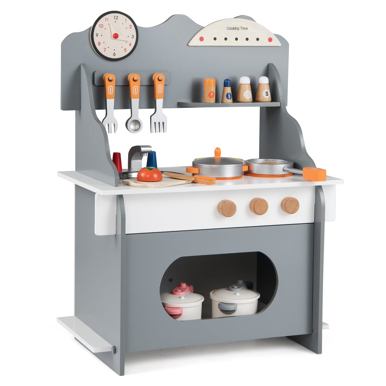 TILOR Pretend Play Toy Kitchen Set with Clock Stove Spice Rack for Aged 3+-Grey - Savings Store