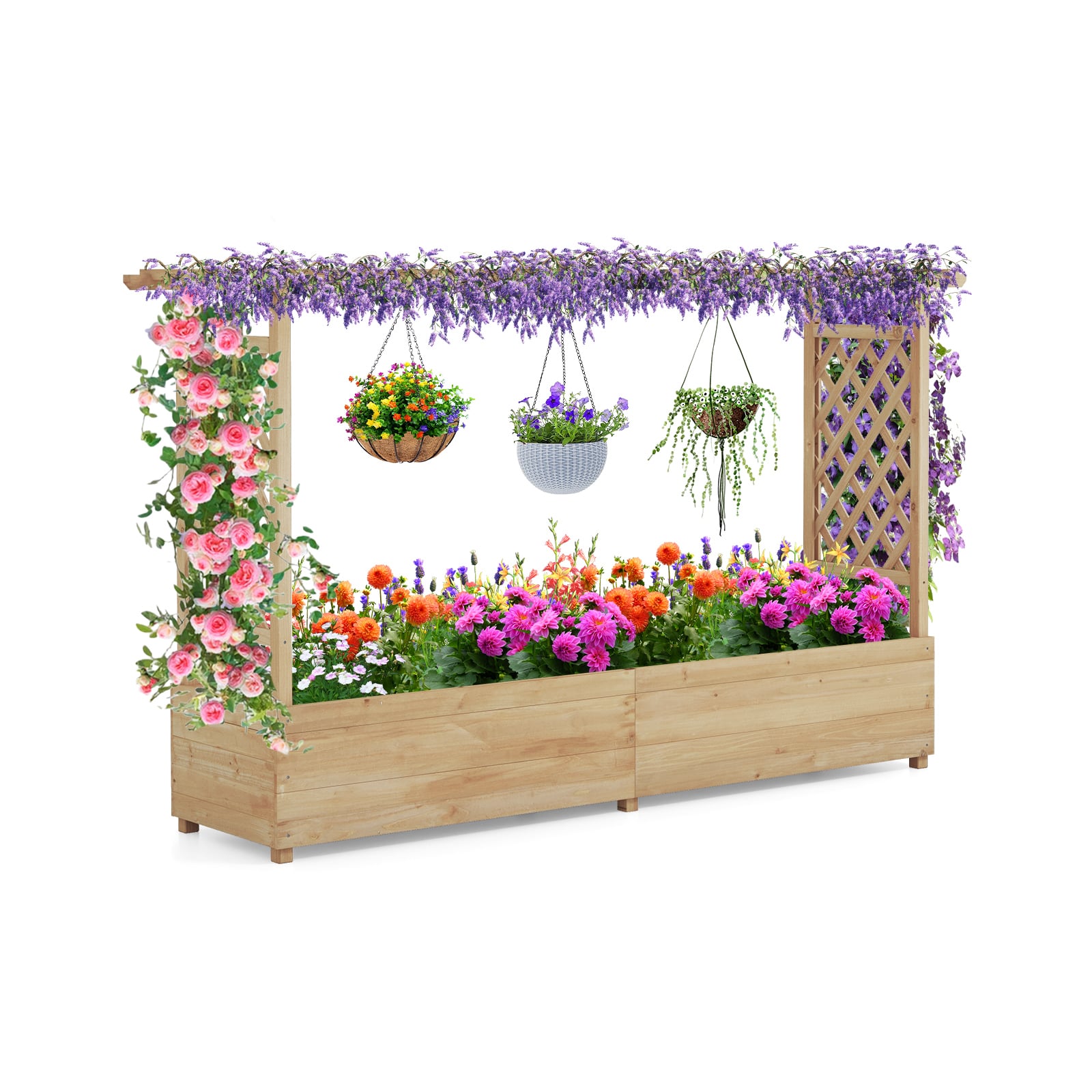 Raised Garden Bed with 2-Sided Trellis and Hanging Roof-Natural - Savings Store