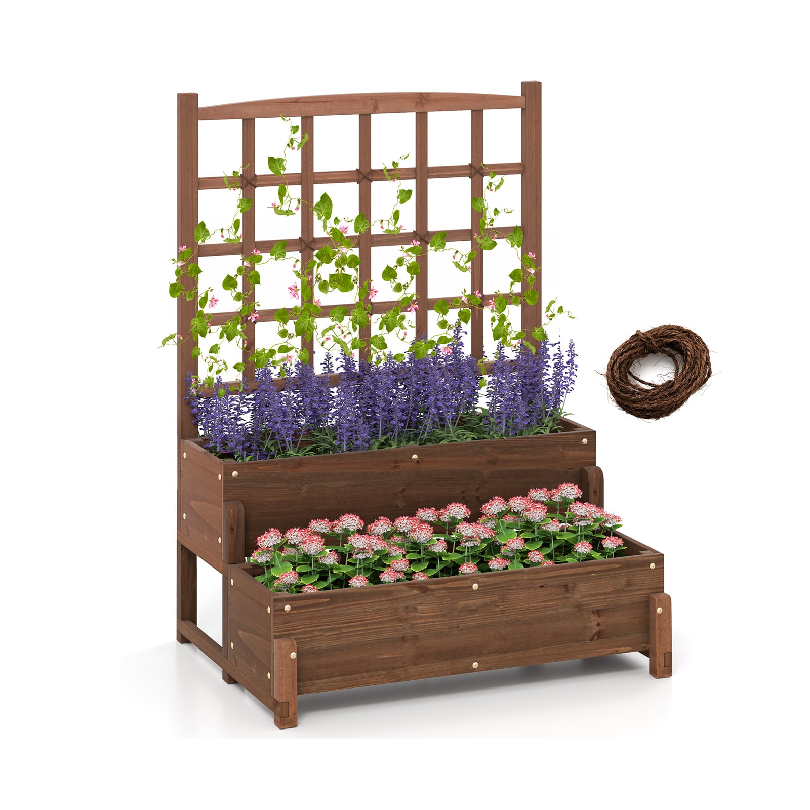 Raised Garden Bed with Lattice Trellis and Drainage Holes-Rustic Brown - Savings Store