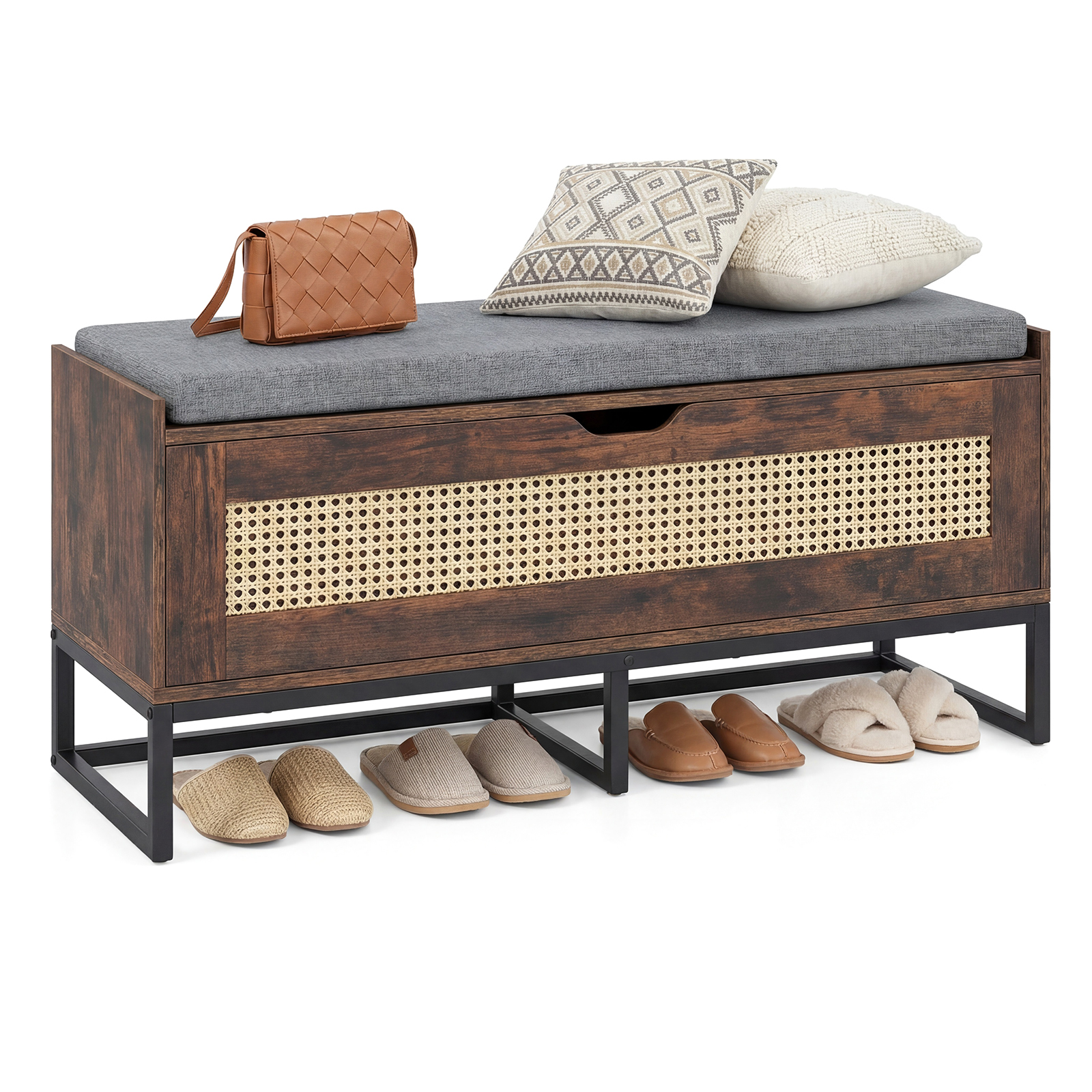Rattan Shoe Storage Bench with Padded Seat Wicker Storage Chest - Rustic Brown - Savings Store