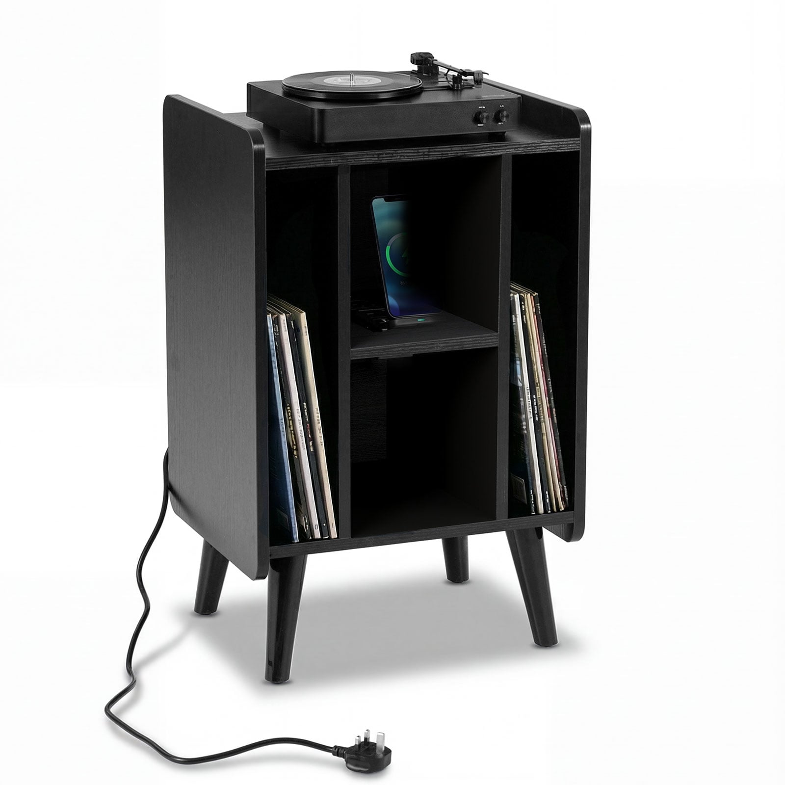 XVENA Record Player Stand with 4 Open Shelves Power Outlet USB Charging Port-Black - Savings Store