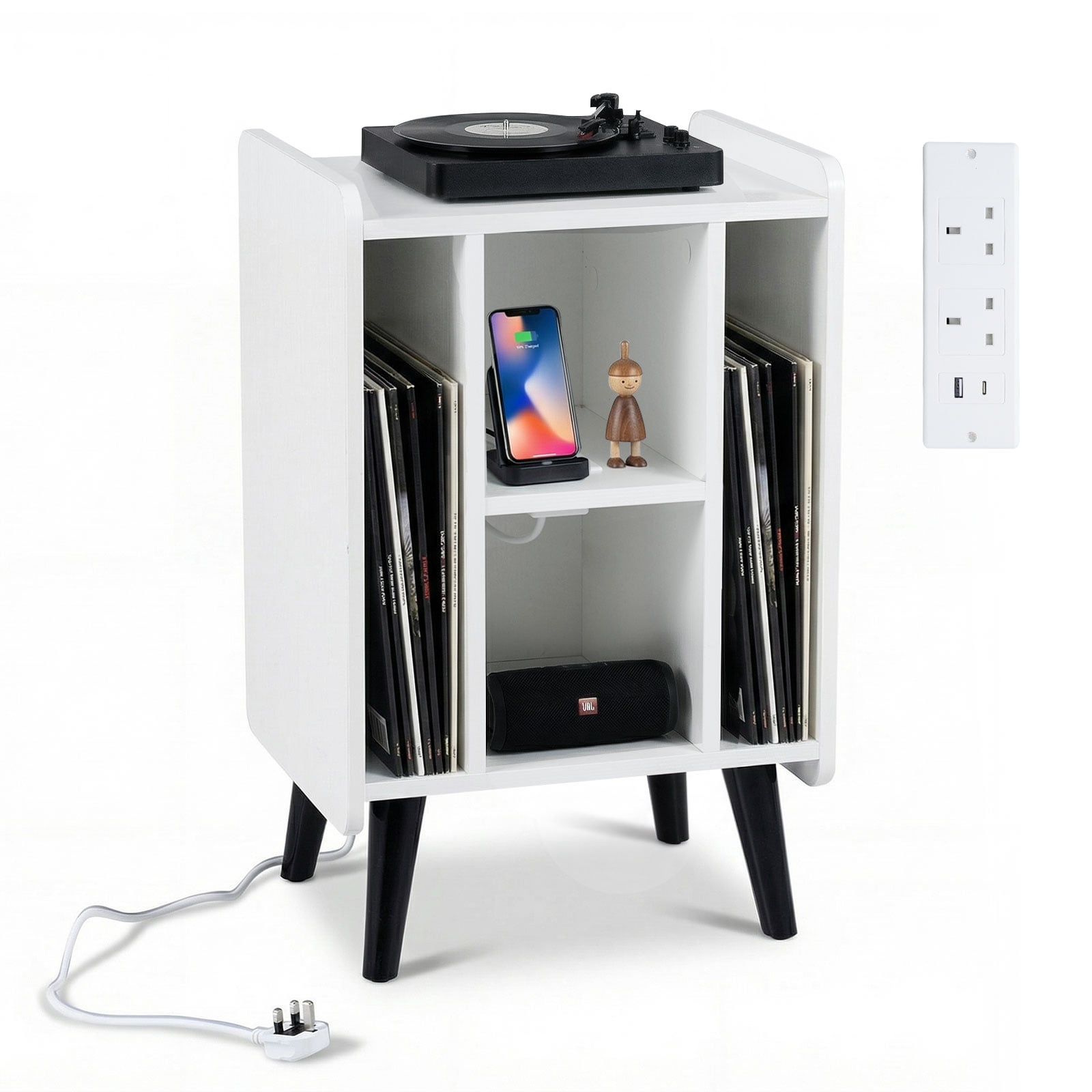 XVENA Record Player Stand with 4 Open Shelves Power Outlet USB Charging Port-White - Savings Store