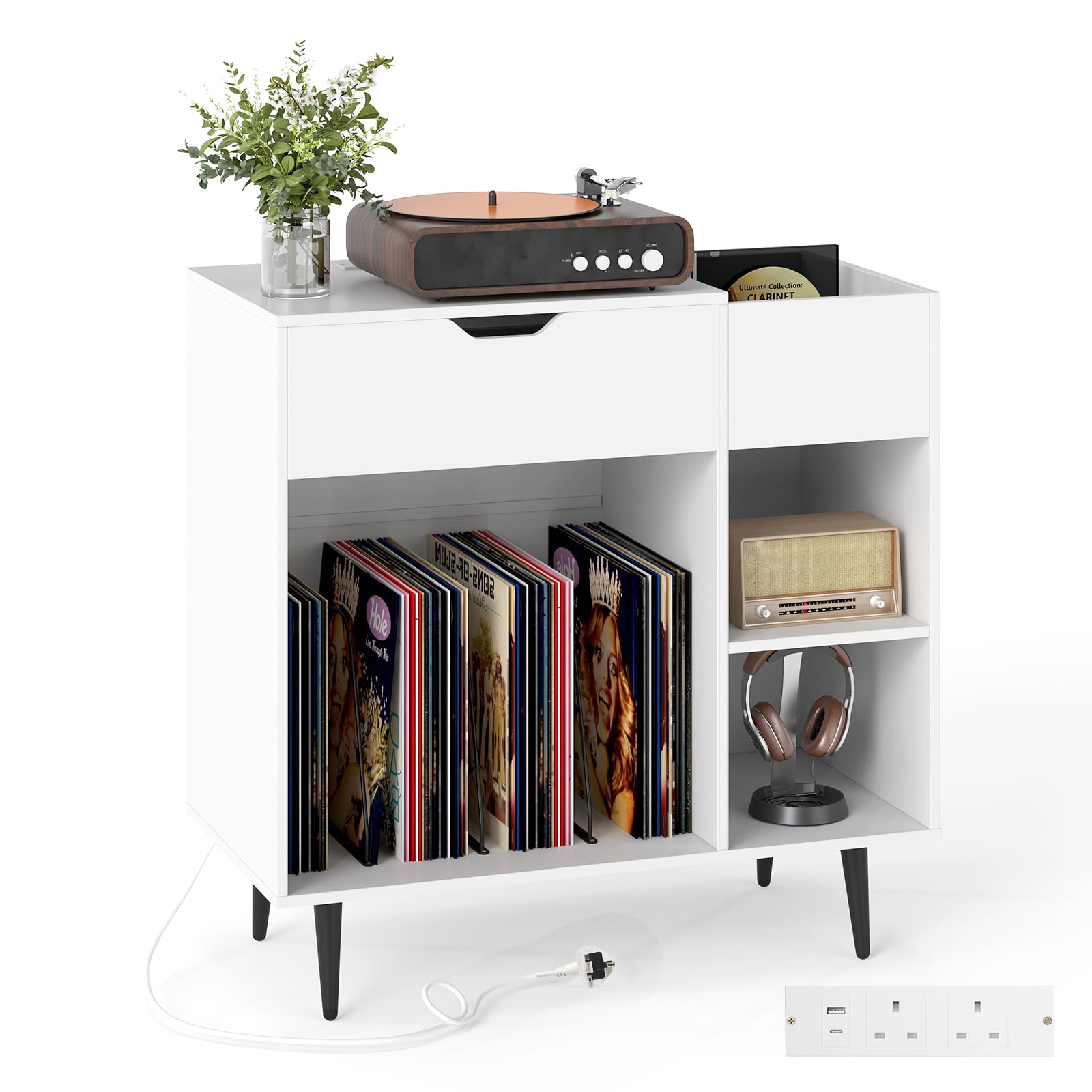 XVORA Record Player Stand with Built-In Power Strip and 3 Dividers-White - Savings Store