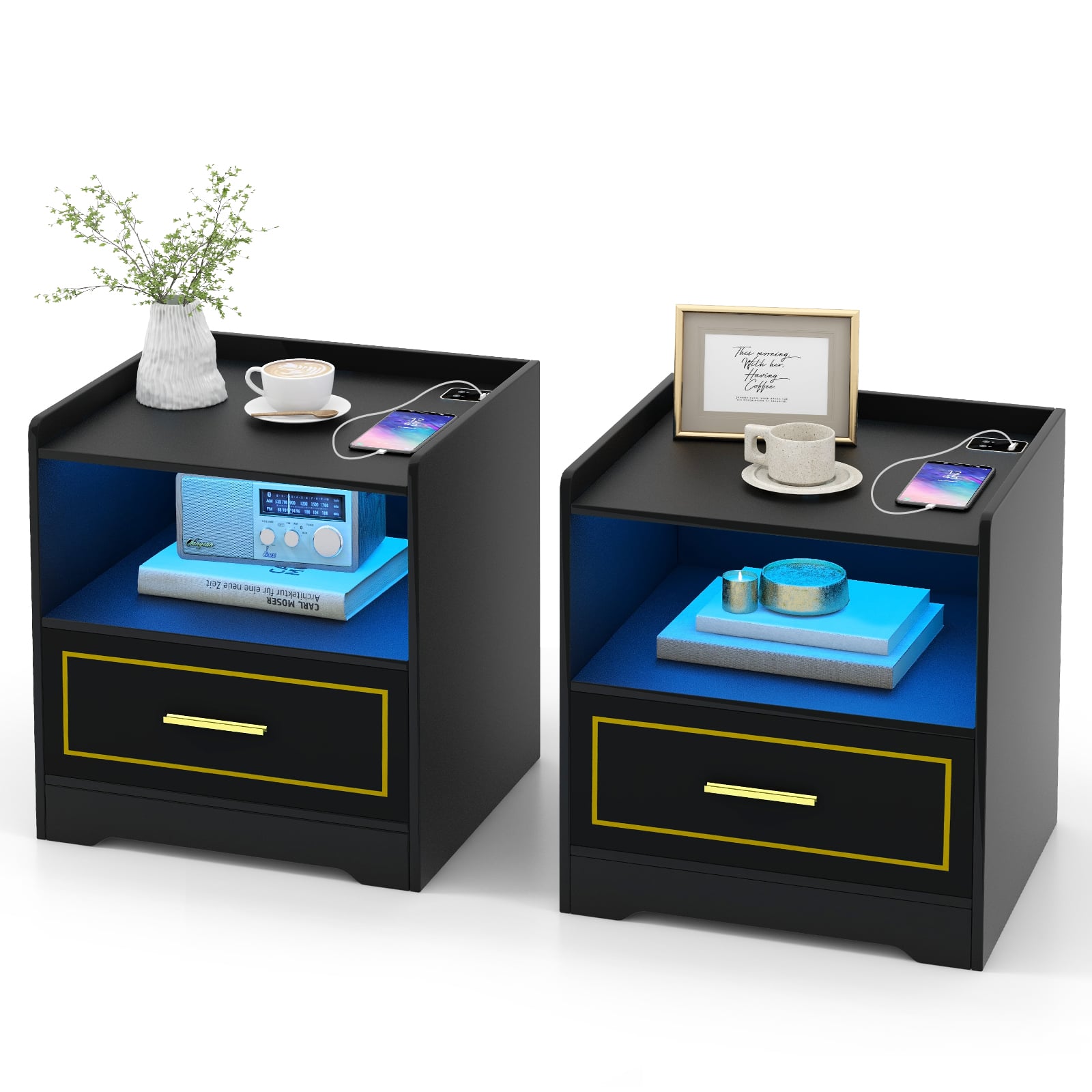 WIREL Set of 2 LED Bedside Table with USB and Type-C Port-Black - Savings Store