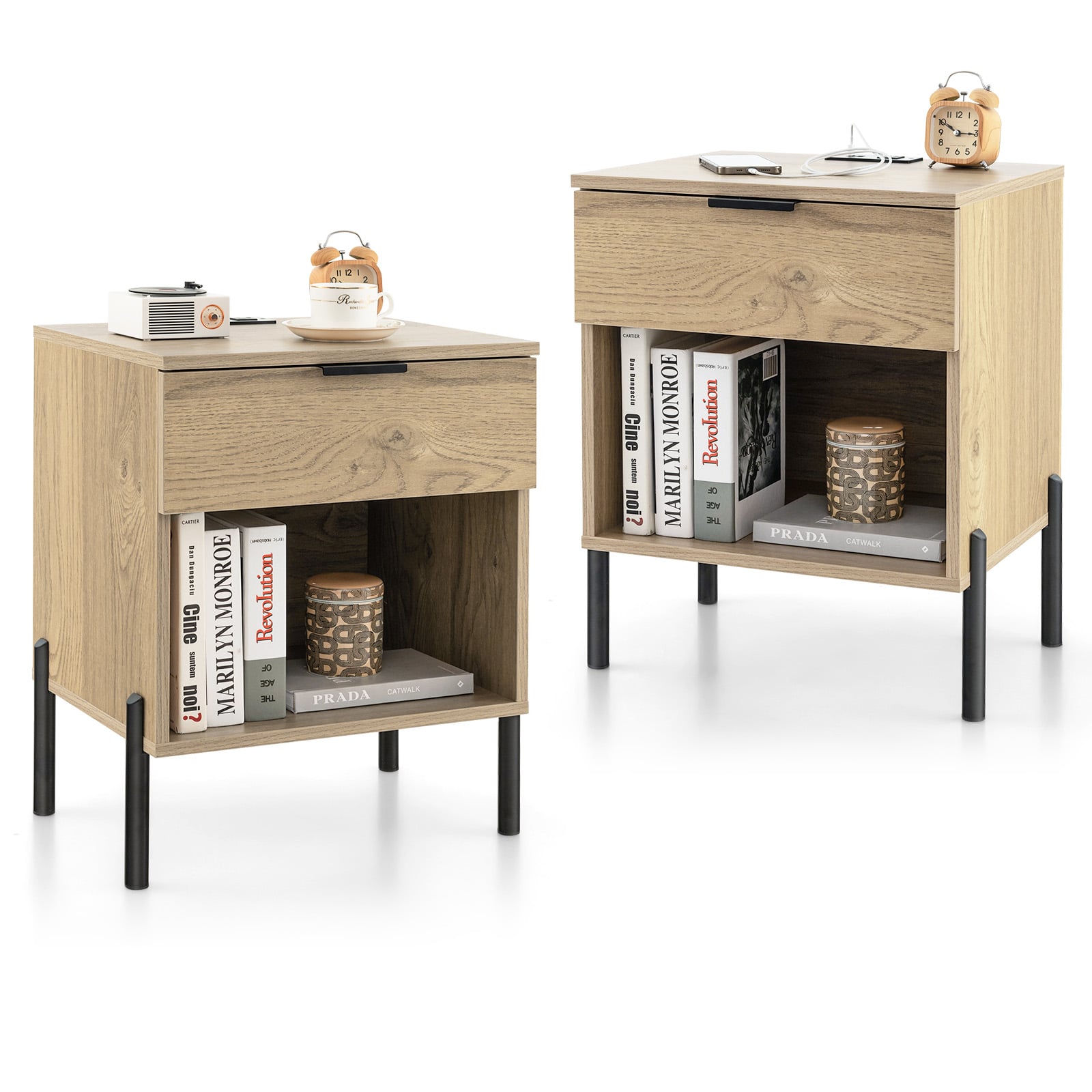Set of 2 Bedside Tables with Charging Station-Natural - Savings Store