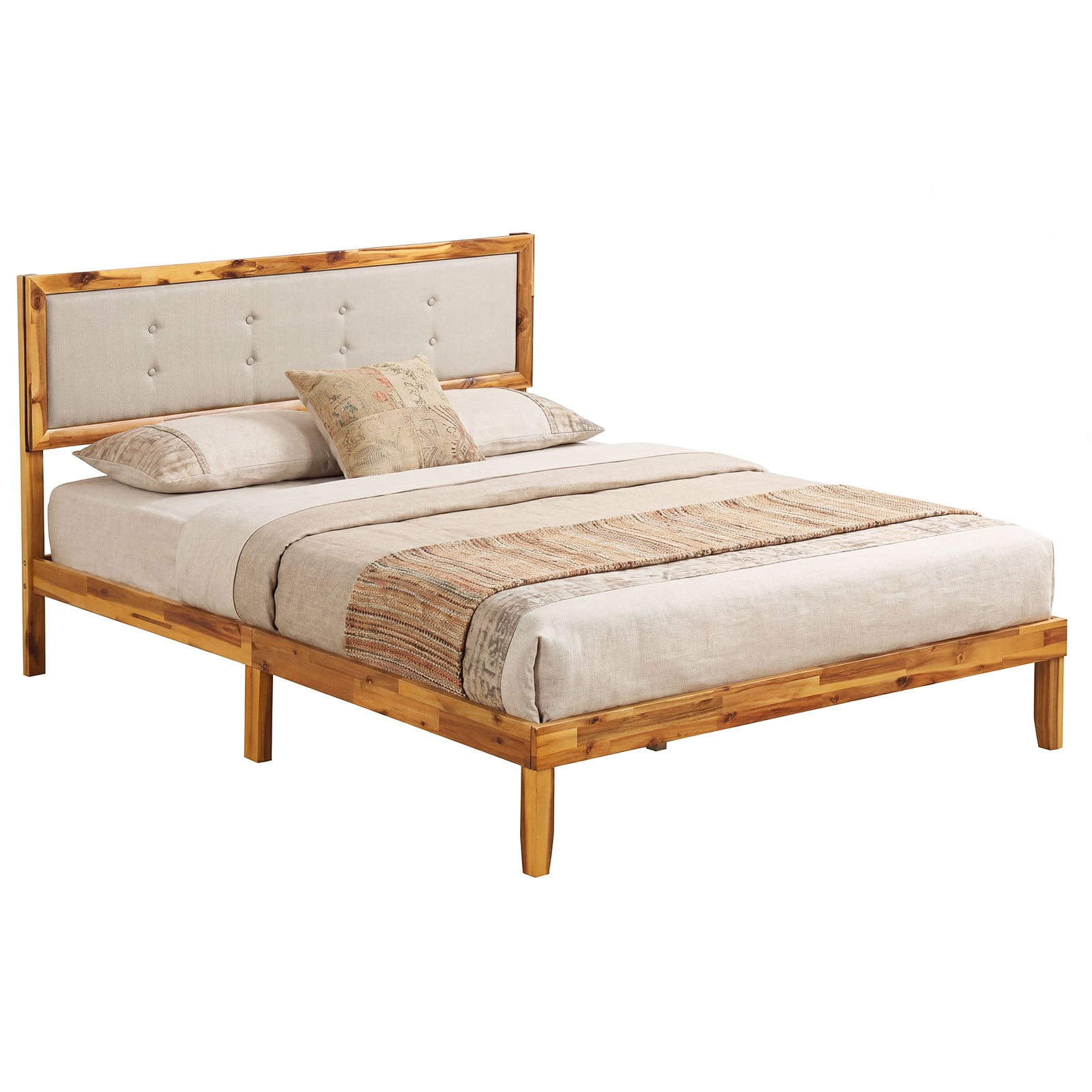 VLORA Solid Wood Bed Frame with Tufted Headboard-Queen Size - Savings Store