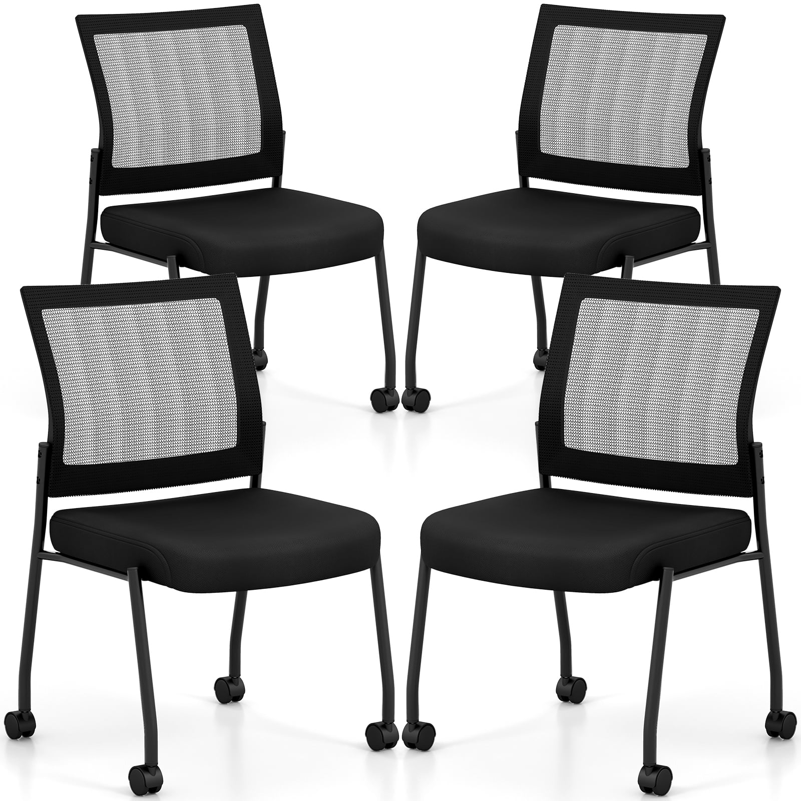 Stackable Armless Waiting Room Guest Chair with Wheels Set of 4-Black - Savings Store