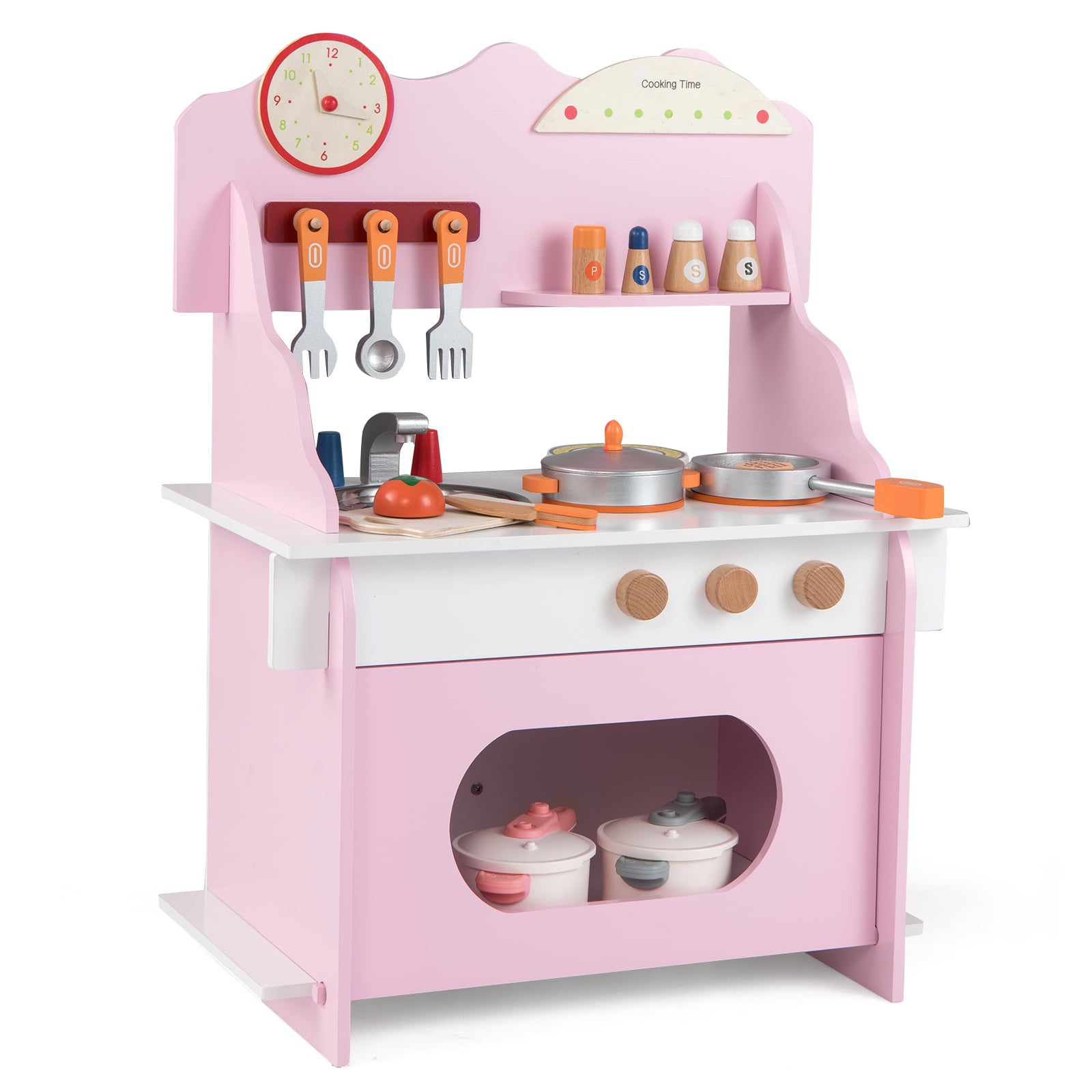 TILOR Pretend Play Toy Kitchen Set with Clock Stove Spice Rack-Pink - Savings Store