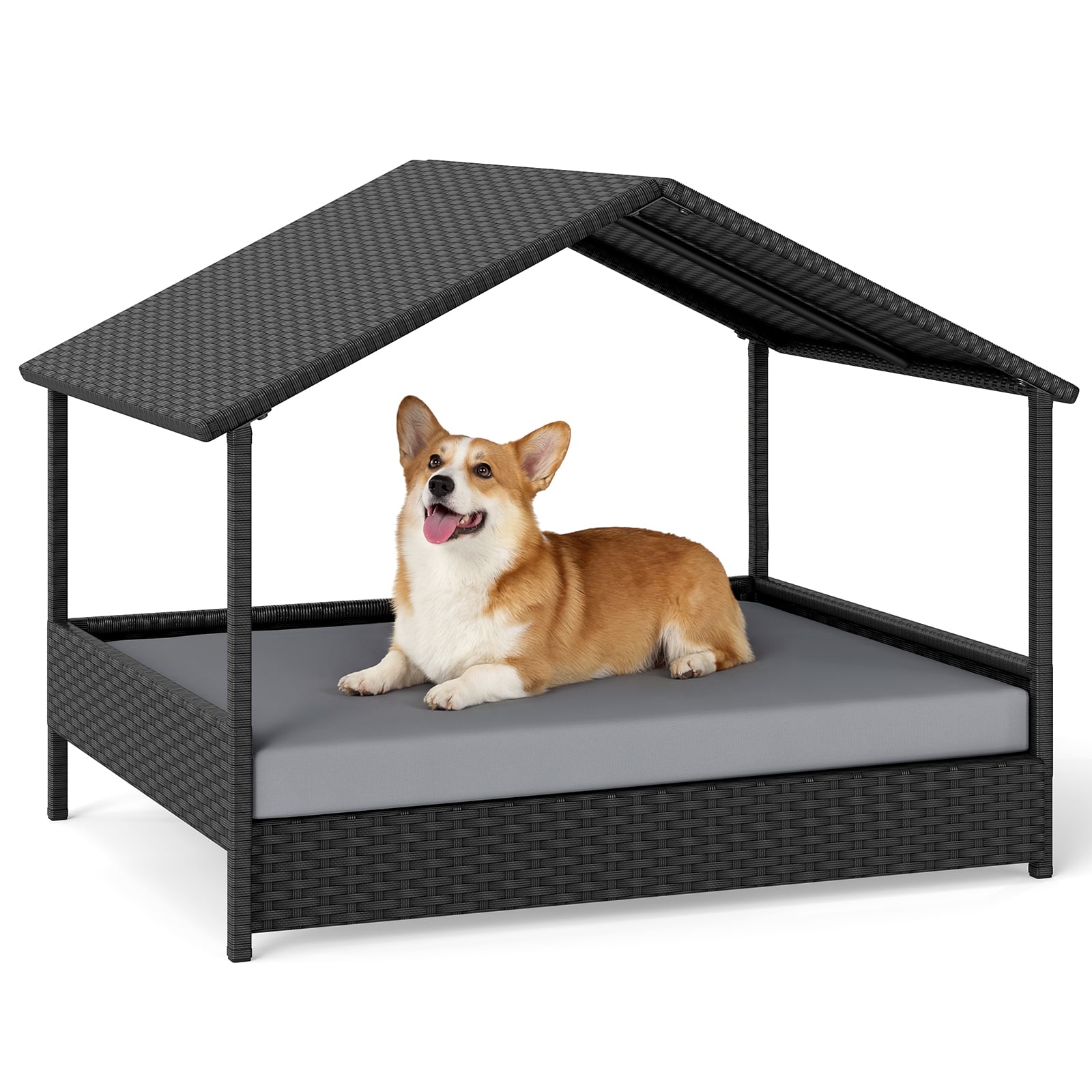 URBANIX Wicker Dog House Outdoor Indoor with Canopy up to 60kg-Grey - Savings Store