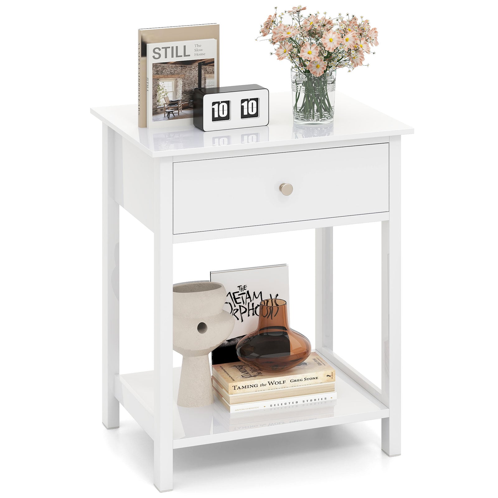 Wooden Bedside Table with Drawer and Storage Shelf-White - Savings Store