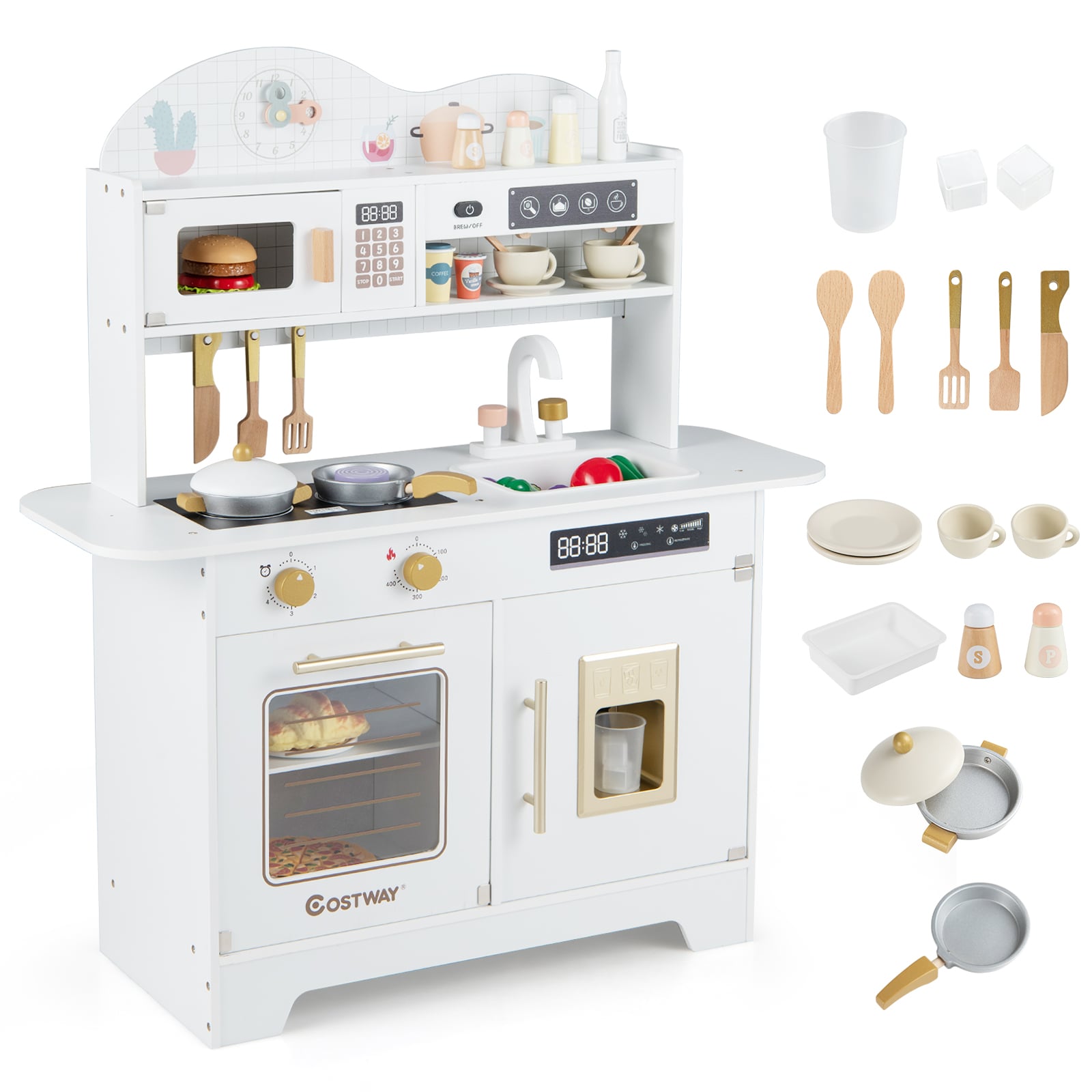 RYNOR Wooden Toddler Play Kitchen with 17 Pieces Accessories-White - Savings Store