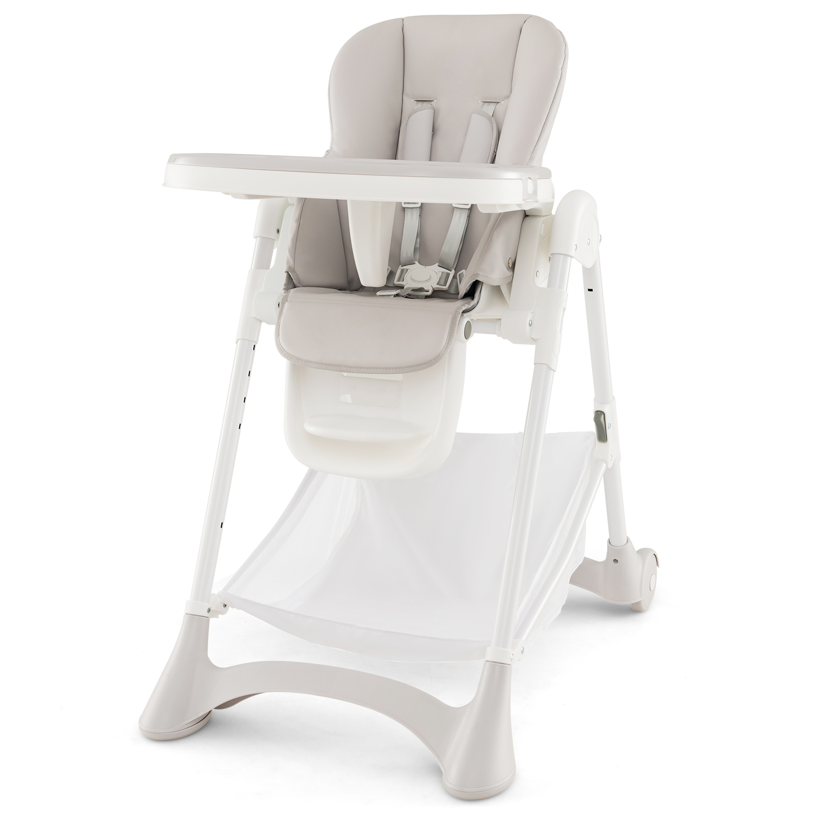 Baby High Chair with Detachable PU Cushion and Lockable Wheels - Beige - Savings Store