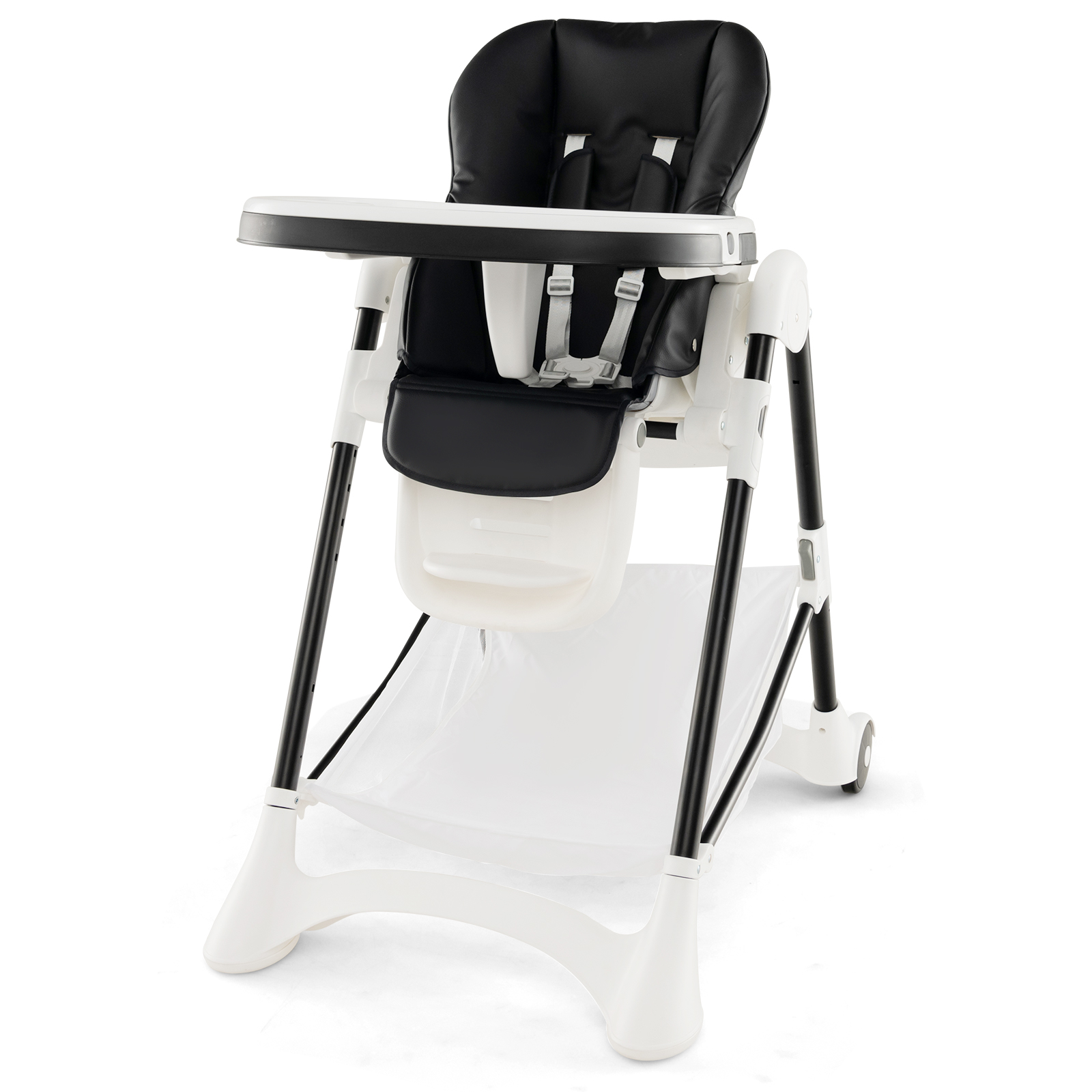 Baby High Chair with Detachable PU Cushion and Lockable Wheels - Black - Savings Store