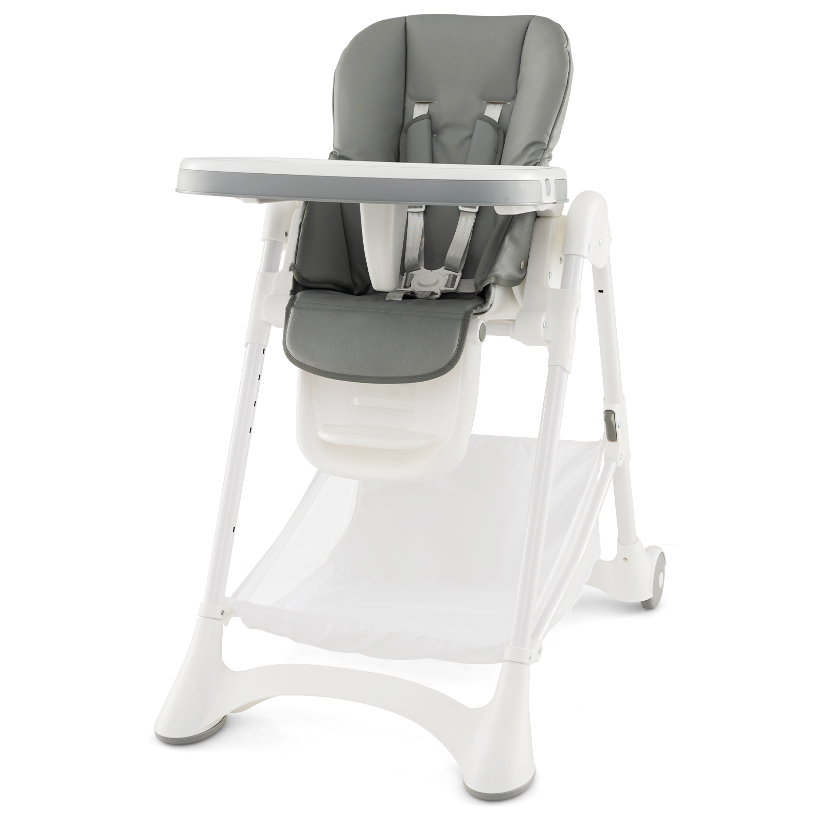 Baby High Chair with Detachable PU Cushion and Lockable Wheels - Grey - Savings Store