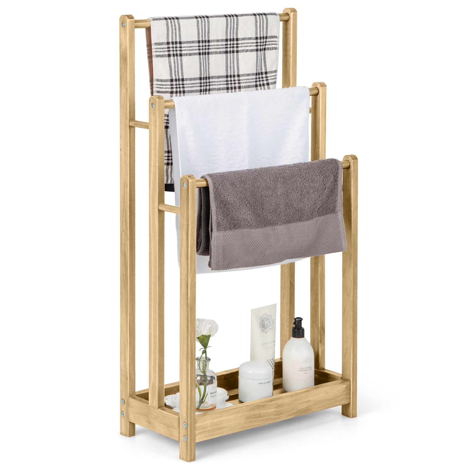 Wooden Towel Rack with 3 Bars & Storage Shelf-Natural - Savings Store