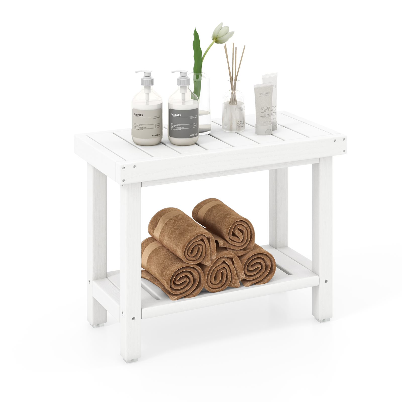 2-Tier Waterproof HDPE Bathroom Shower Stool with Storage Shelf-White - Savings Store