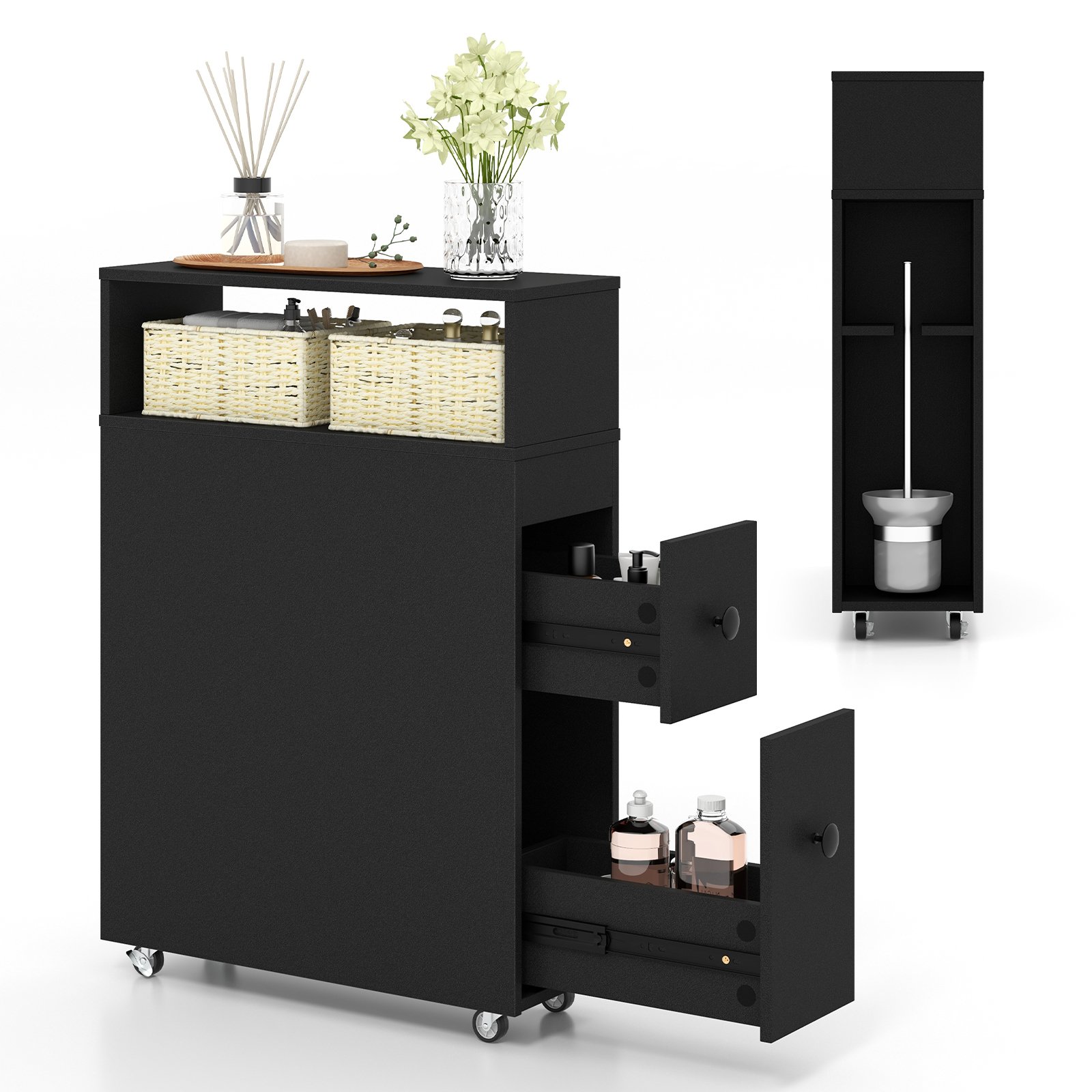 Slim Bathroom Storage Cabinet Movable with 2 Drawers and Baskets-Black - Savings Store