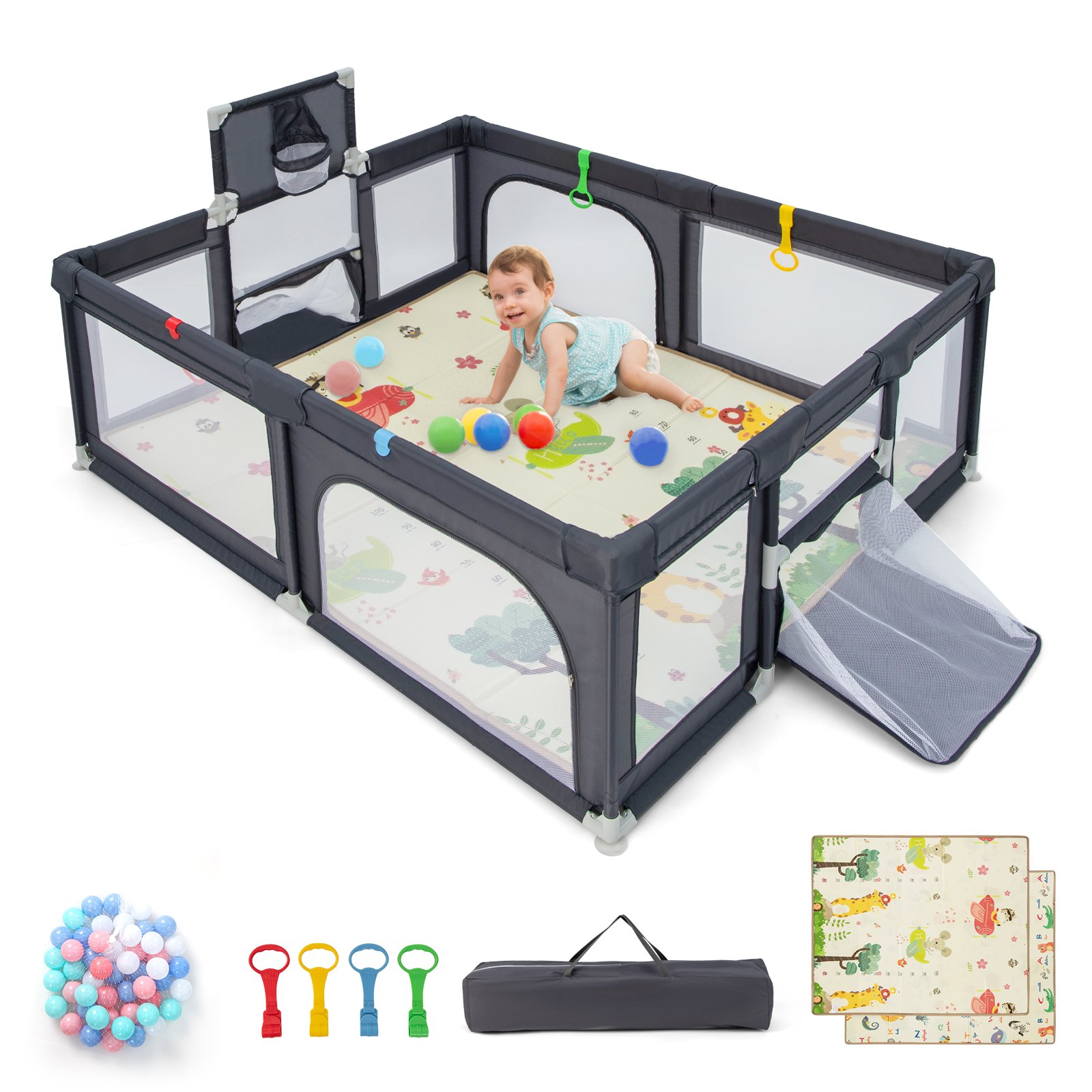 Baby Playpen - Large Baby Playpen with Mat and Ocean balls-Dark Grey - Savings Store