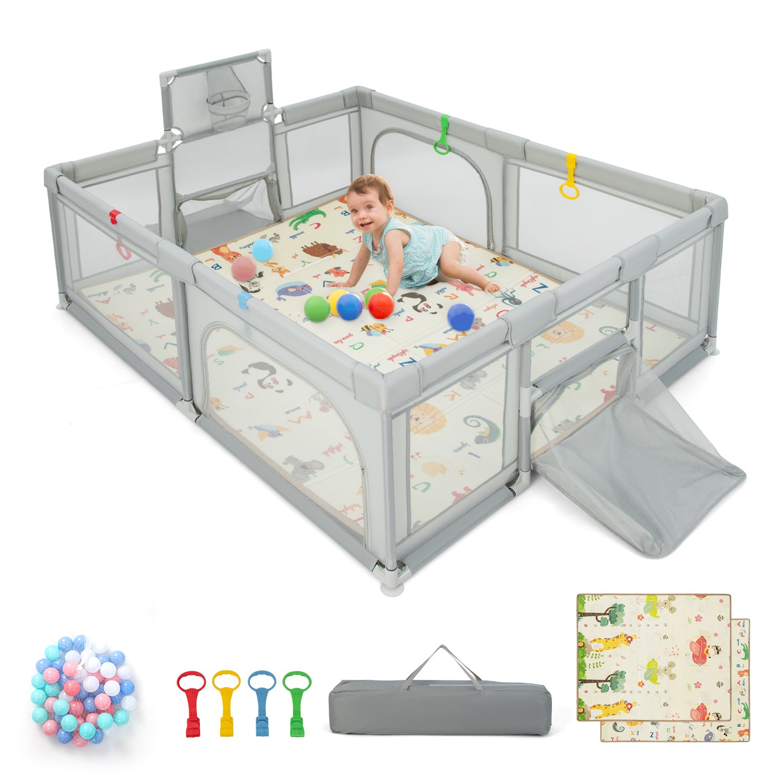Baby Playpen - Large Baby Playpen with Mat and Ocean balls-Light Grey - Savings Store