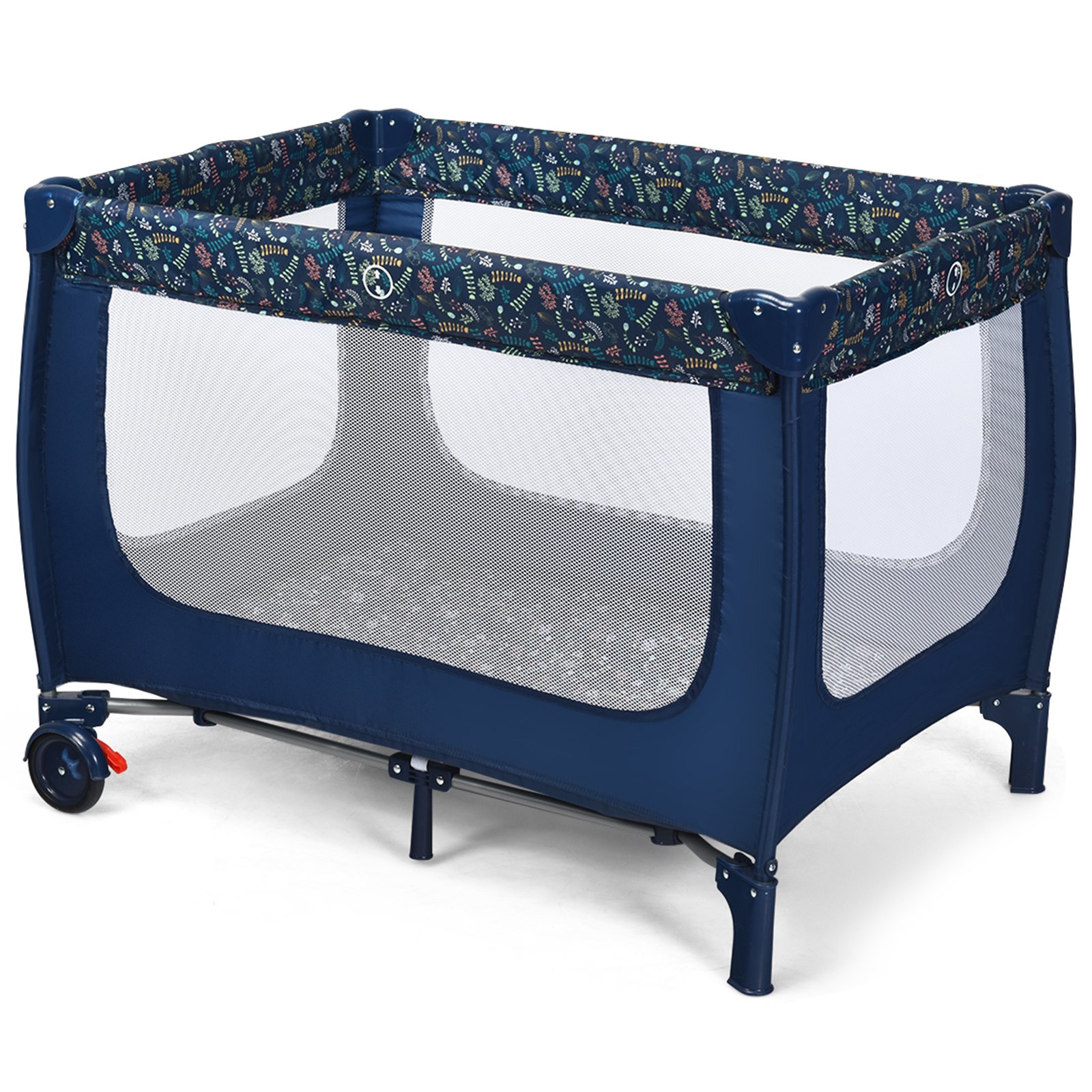 Baby Playpen - 2-in-1 Foldable Baby Playpen with Lockable Wheels and Mattress-Blue - Savings Store