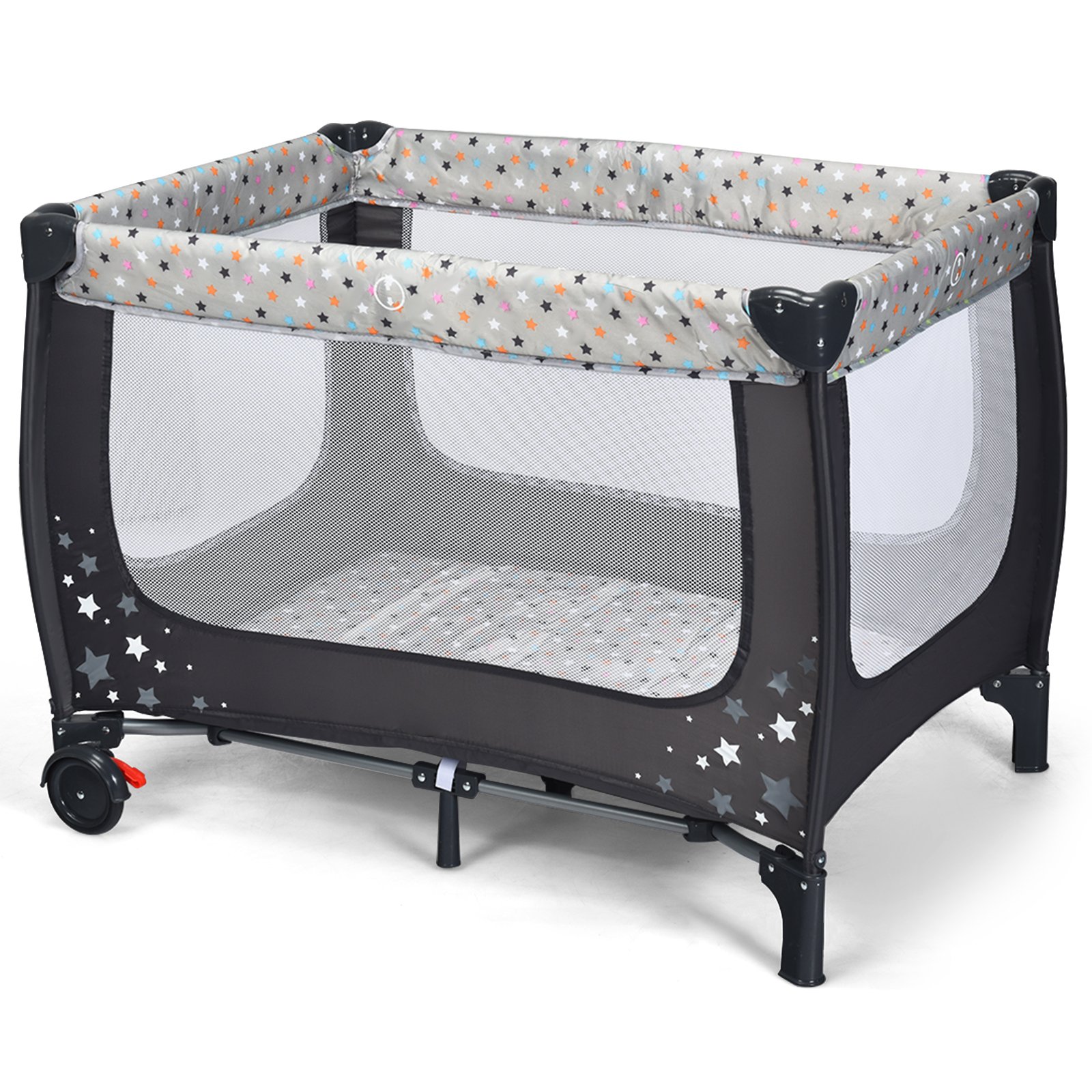 Baby Playpen - 2-in-1 Foldable Baby Playpen with Lockable Wheels and Mattress-Grey - Savings Store
