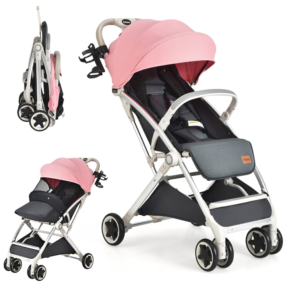 Folding Pushchair with Adjustable Backrest and Footrest-Pink - Savings Store
